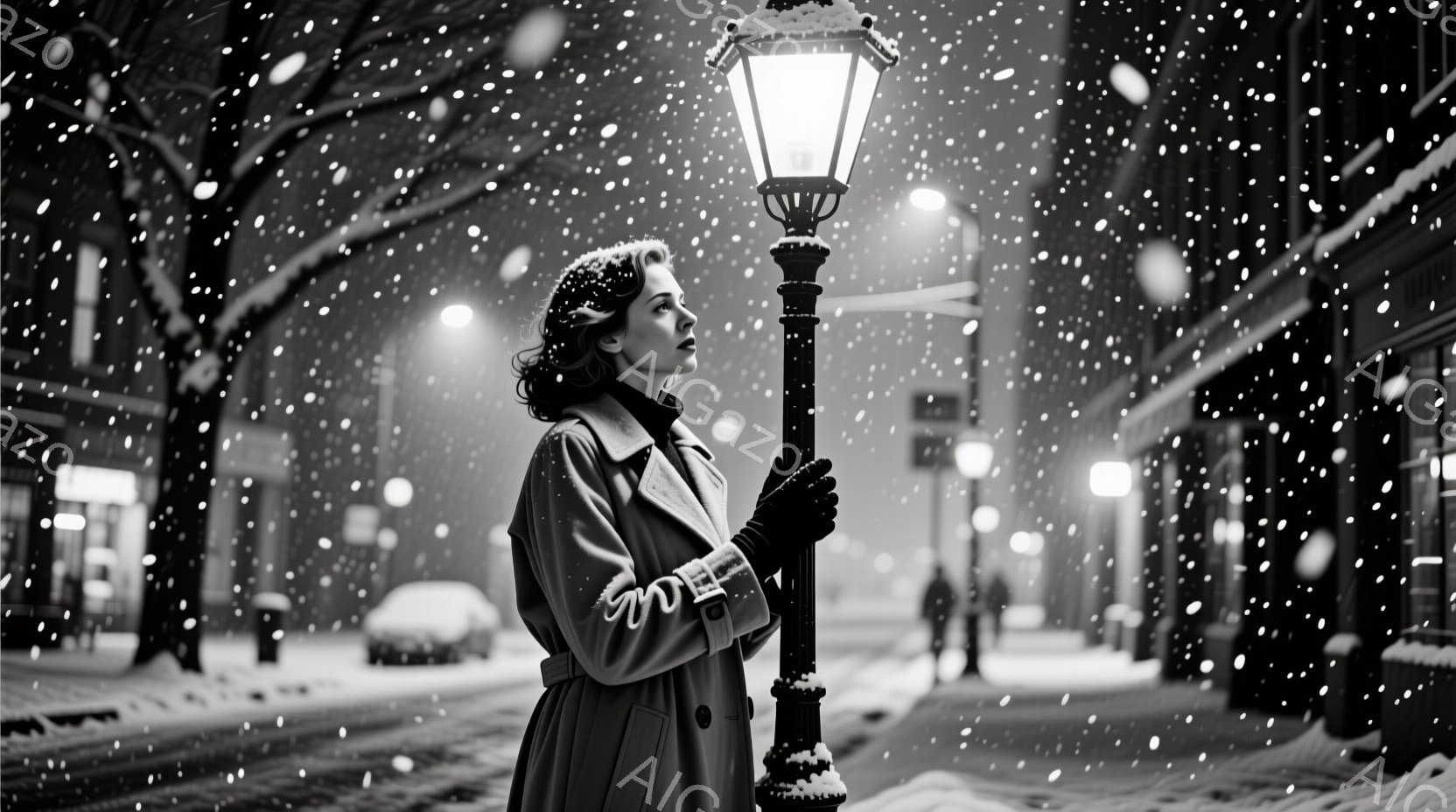 雪が降る夜の街で、コートを着た女性が描かれている。彼女は少し顔を上げ、遠くを見つめており、表情はどこか物憂げだ。背景には、ぼんやりと見える店や車、そして街灯が並び、冬の静かで幻想的な雰囲気を醸し出して - AI生成フリー素材