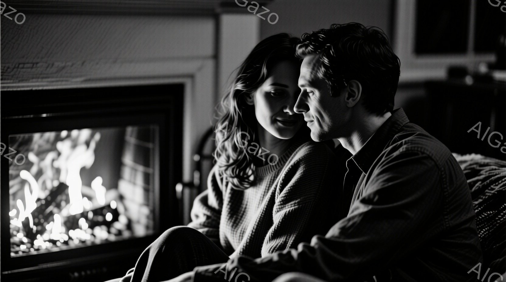 暖炉の前で寄り添う男女が写っている。女性は巻き毛でセーターを着ており、男性はシャツを着ている。二人は暖炉の火を見つめながら、リラックスした穏やかな雰囲気の中で親密な時間を過ごしているようだ。 - AI生成フリー素材