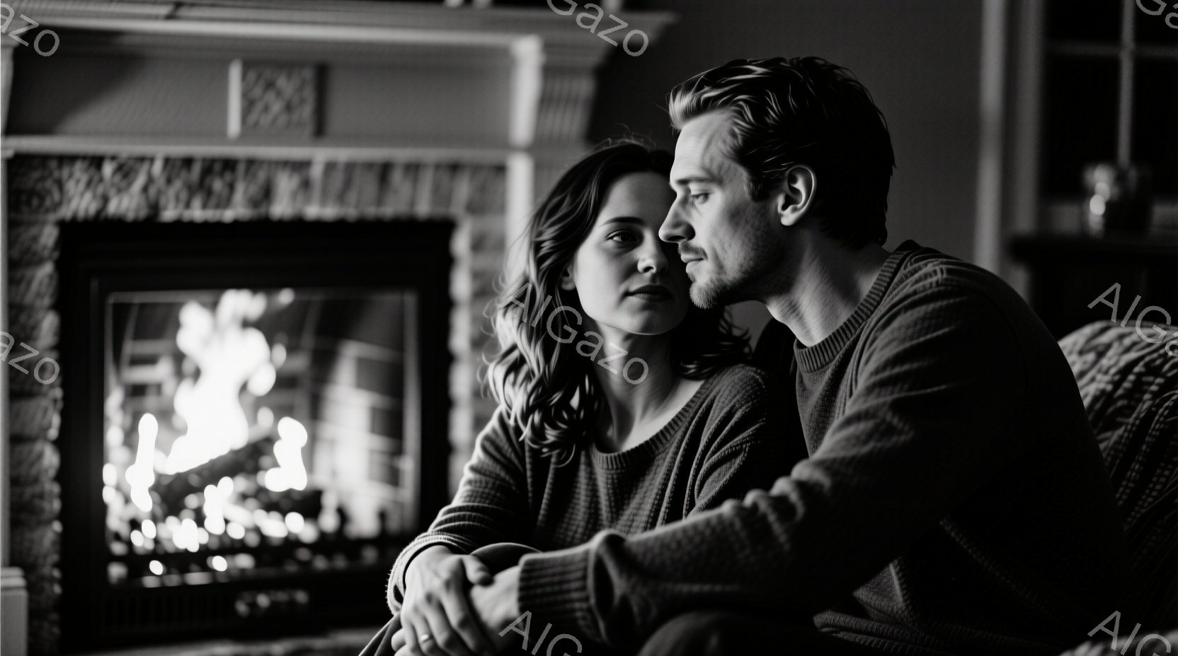 暖炉の前で寄り添う若いカップルが写っている。女性はダークカラーのセーターを着て、髪を後ろに流している。男性はグレーのセーターを着ており、女性の肩に腕を回して優しく見つめている、暖かく穏やかな雰囲気が漂う。