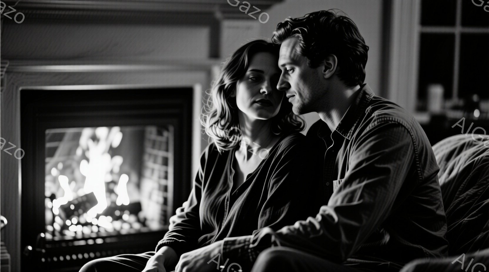 暖炉の前に寄り添って座る男女が写っています。女性はダークカラーの服を着て髪を肩まで伸ばしており、やや憂いを帯びた表情をしています。男性はチェックのシャツを着ており、女性を見つめ、穏やかな表情を浮かべています。