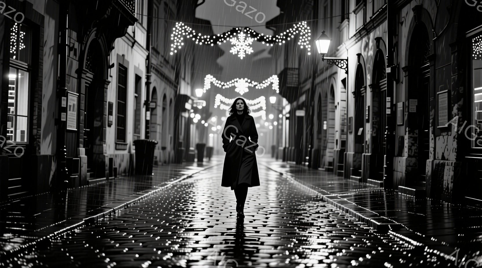 長い黒いコートを着た女性が、雨に濡れた石畳の通りを正面から歩いてくる。彼女は髪を後ろでまとめ、やや物憂げな表情をしている。背景には、クリスマス飾りが輝き、両側に古い建物が並び、暗い夜の静寂と少し寂しさ - AI生成フリー素材