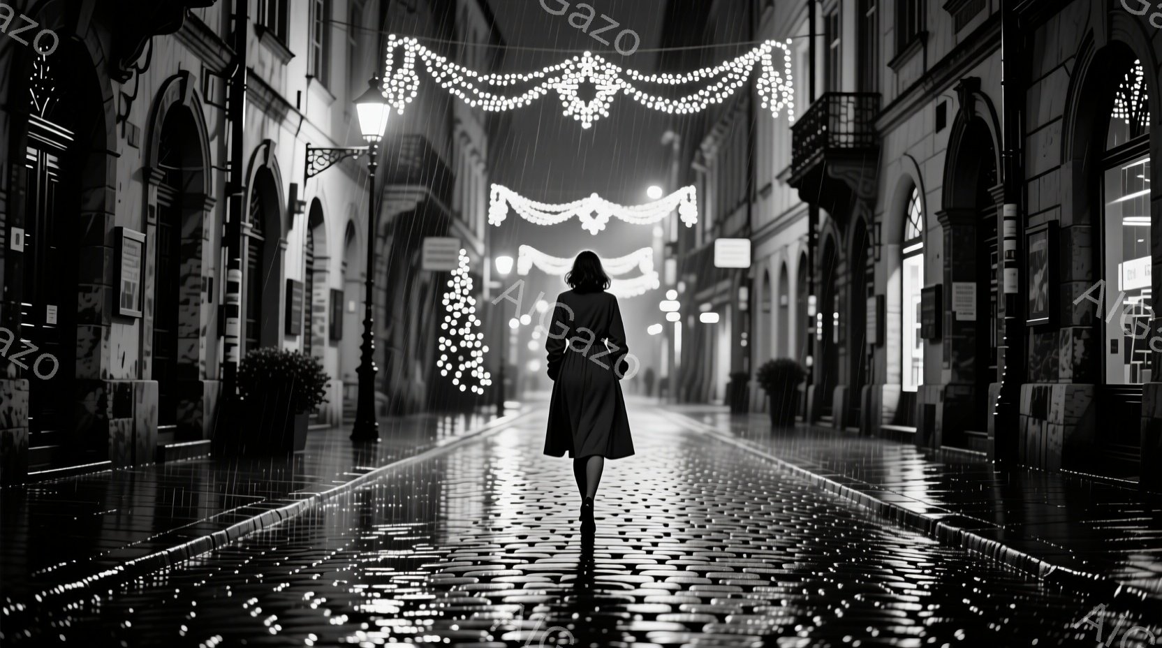長い黒いコートを着た女性が、石畳の通りを遠ざかって歩いている。通りは雨で濡れて光り、両脇には歴史的な建物が並び、空にはクリスマスツリーの形をしたイルミネーションが飾られている。全体的に、静かで物憂げな冬の夜の雰囲気が漂っている。