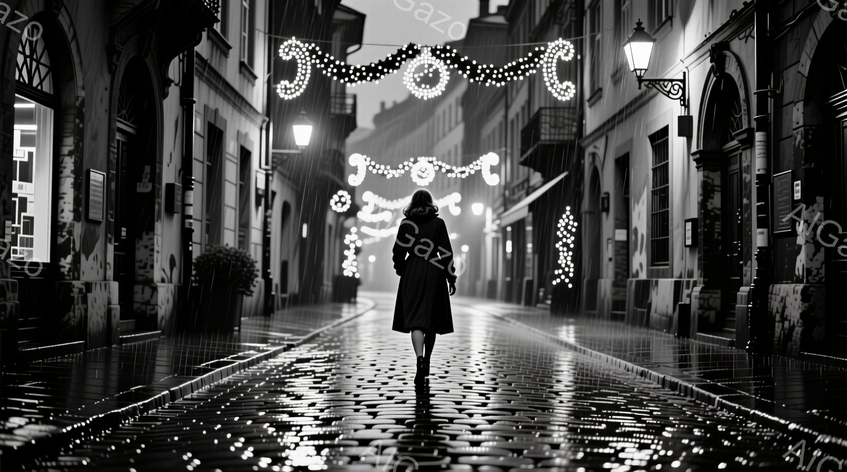 舗装された石畳の通りを、黒いコートを着た女性が歩いている。彼女は後ろ姿で、ロングヘアが背中に広がっており、表情は読み取れない。背景には歴史的な建物が並び、道路は雨に濡れて光を反射しており、上空にはぼんやりとした光の装飾が施され、全体的に静かで憂鬱な雰囲気を醸し出している。