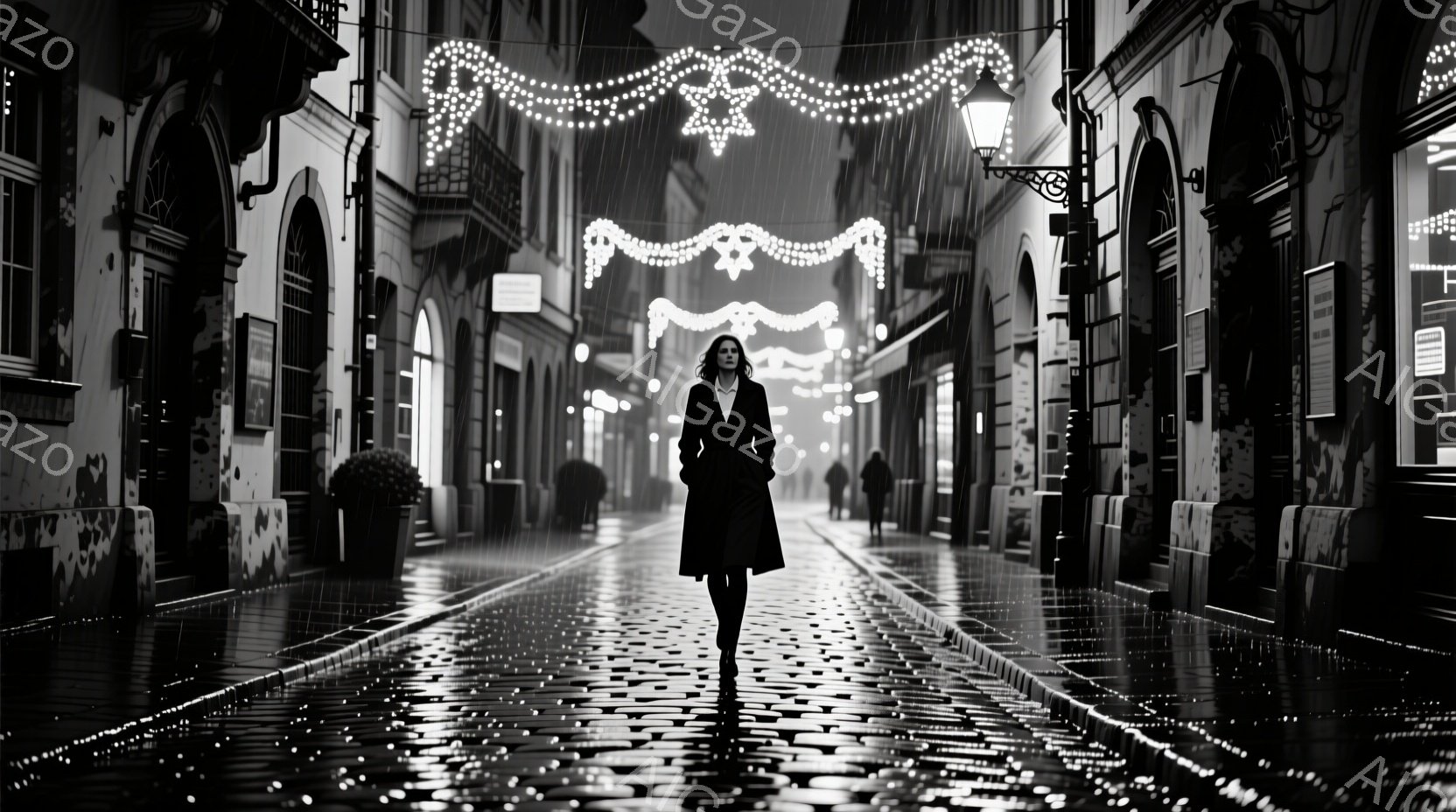 石畳の道の中央に、黒いコートを着た女性が立っている。彼女は髪を後ろでまとめ、表情はやや憂いを帯びているように見える。背景には、ライトアップされた建物が並び、雨に濡れた石畳が光を反射しているため、全体的に寂しげで幻想的な雰囲気が漂っている。