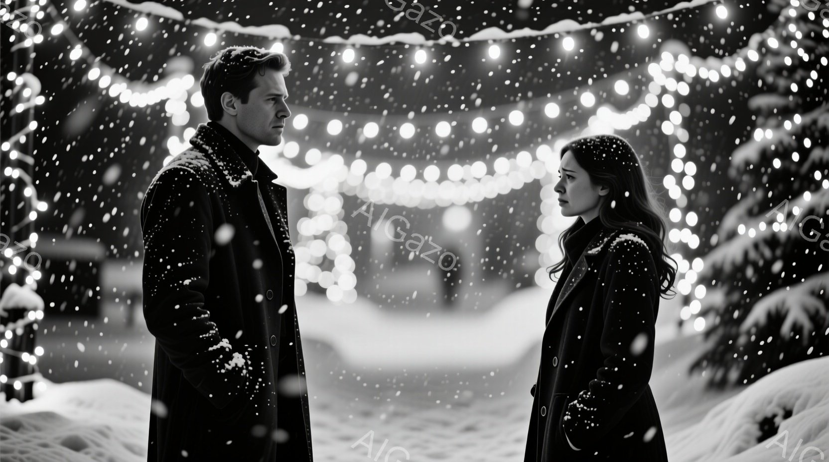 雪が降り積もる中、コートを着た男女が向かい合って立っている。男性は黒いコートを着ており、眉間にしわを寄せ、女性の方を見つめている。女性は同じく黒いコートを着て、俯き、何かを憂いているような表情をしている。背景にはぼやけた街灯や建物、そして雪に覆われた木々が見え、全体的に寂しげで切ない雰囲気が漂っている。