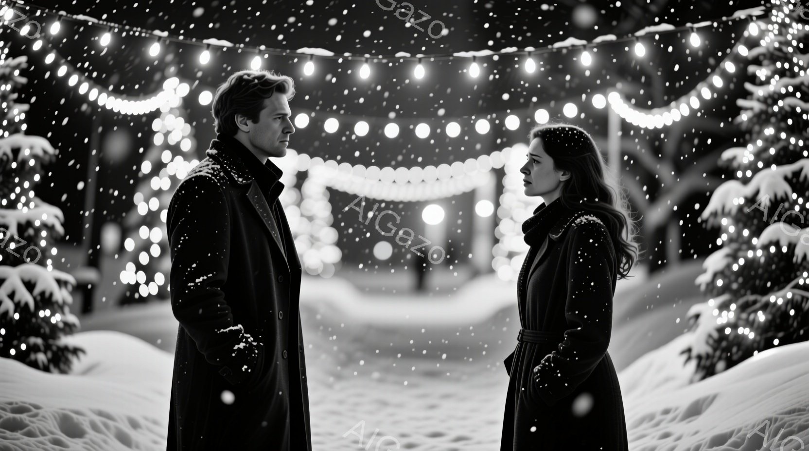 雪が舞う中で、男性と女性が向き合って立っている。男性は黒のコートを着ており、女性はベルトで締めた黒いロングコートを着ている。背景には光るイルミネーションが飾られ、雪で覆われた木々が立ち並び、ロマンチッ - AI生成フリー素材