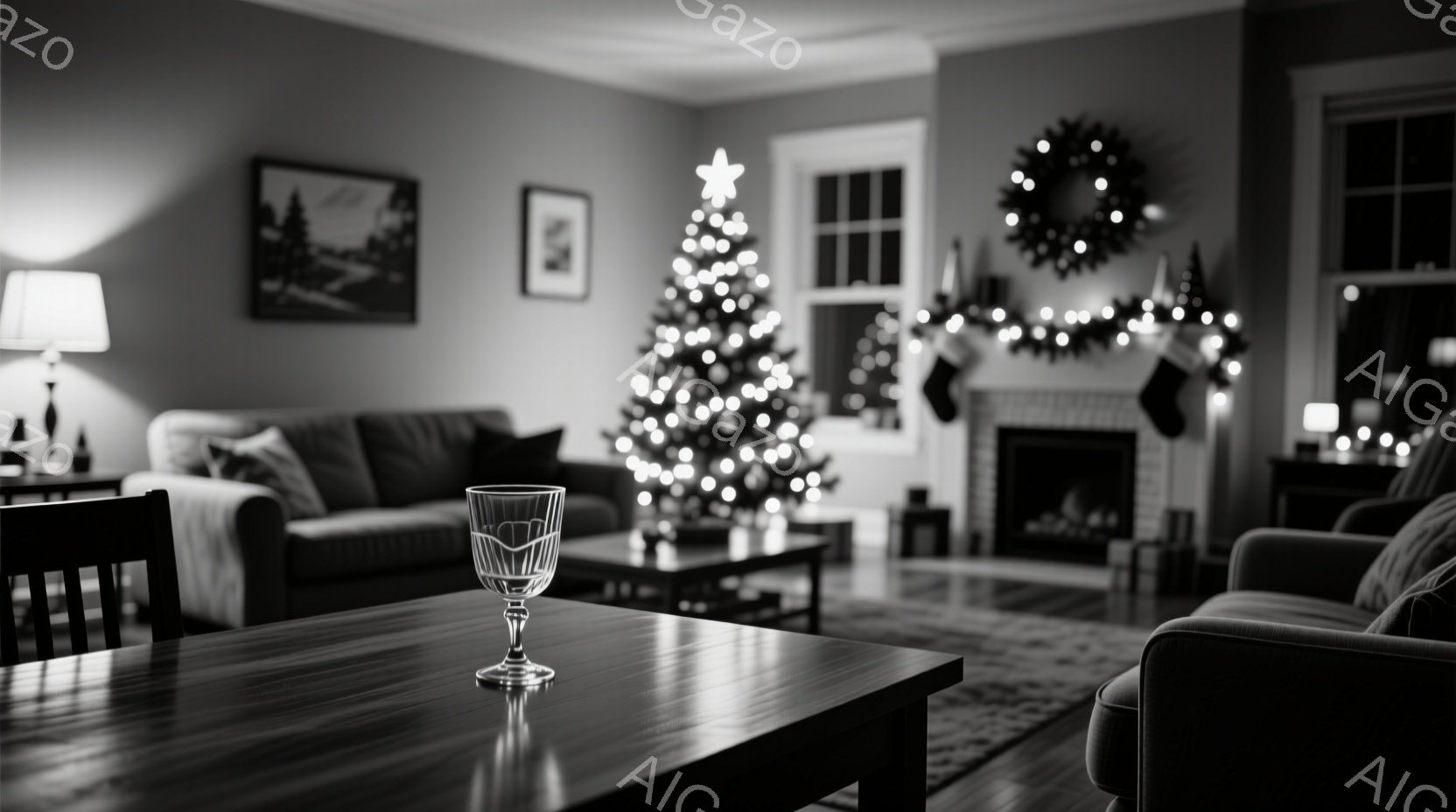 室内はクリスマス装飾で暖かく照らされており、大きなクリスマスツリーが部屋の中央で輝いている。暖炉の前にはクリスマスストッキングが飾られ、壁には絵画が掛けられている。手前のテーブルにはグラスが置かれ、穏やかで落ち着いた大晦日の夜の雰囲気が漂っている。