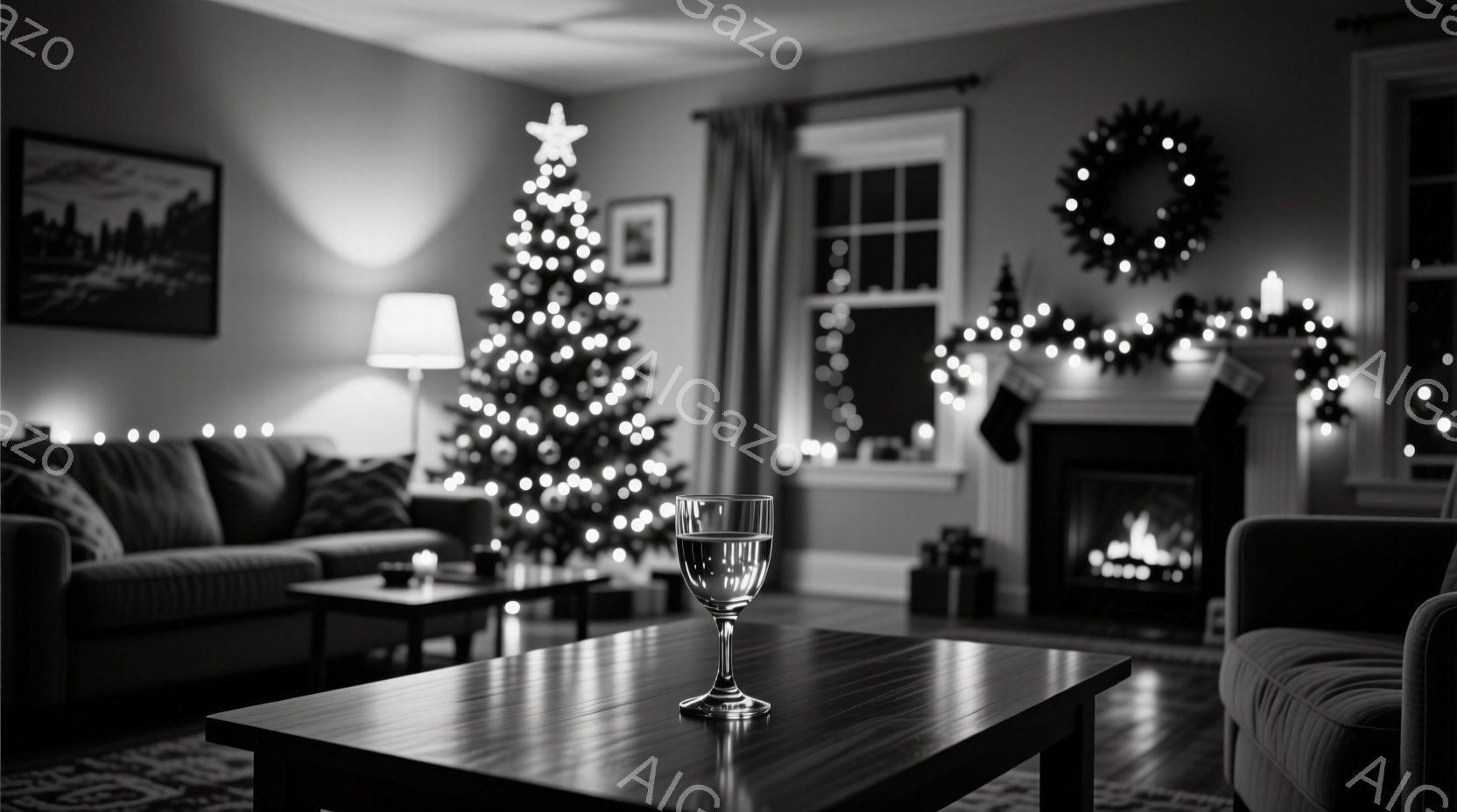 暖炉とクリスマスツリーが飾られたリビングルームの様子で、テーブルの上にはグラスが置かれている。壁には絵画が飾られ、窓からは外の景色は見えないが、全体的に温かく、居心地の良い雰囲気が漂っている。クリスマ - AI生成フリー素材