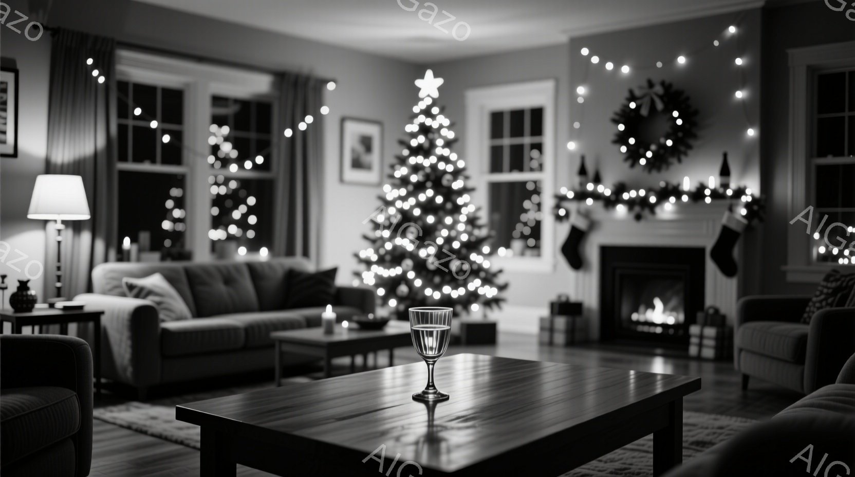 クリスマスツリーが飾られたリビングルームには、暖炉の火が暖かく灯り、ホリデーシーズンらしい温かい雰囲気が漂っています。テーブルの上にはグラスが置かれ、クリスマス装飾が部屋全体を彩り、落ち着いた色調が心地よい空間を作り出しています。窓の外は暗く、室内の光がより一層温かさを強調しています。