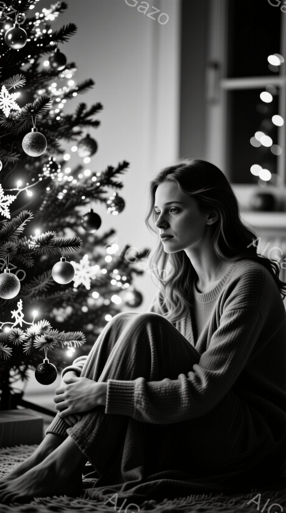 長い茶色の髪の女性が、クリスマスツリーの前に座って瞑想している様子が写っている。彼女はグレーのニットセーターとズボンを身につけ、リラックスした姿勢で膝を抱え、少し憂いを帯びた表情をしている。背景には、飾り付けられたクリスマスツリーの温かい光が広がり、静かで内省的な雰囲気を醸し出している。