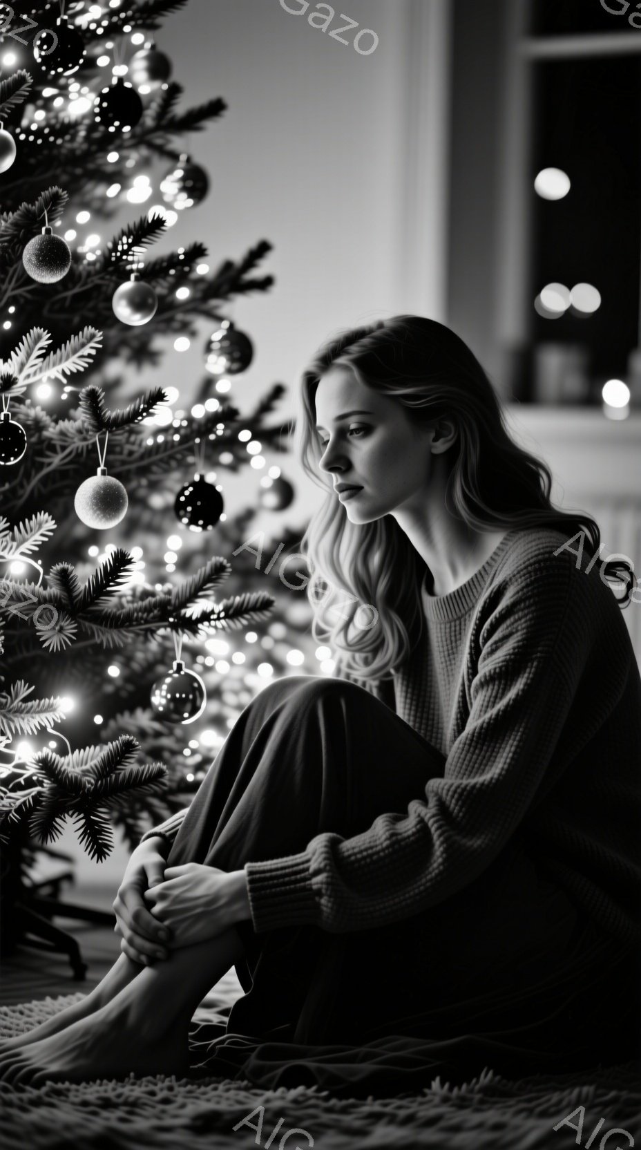 女性はクリスマスツリーのそばに座り、膝を抱えています。彼女はセーターとズボンを着用し、長い髪はゆるく波打っています。背景はぼやけていますが、暖かい光が部屋全体に広がり、静かで内省的な雰囲気を醸し出しています。