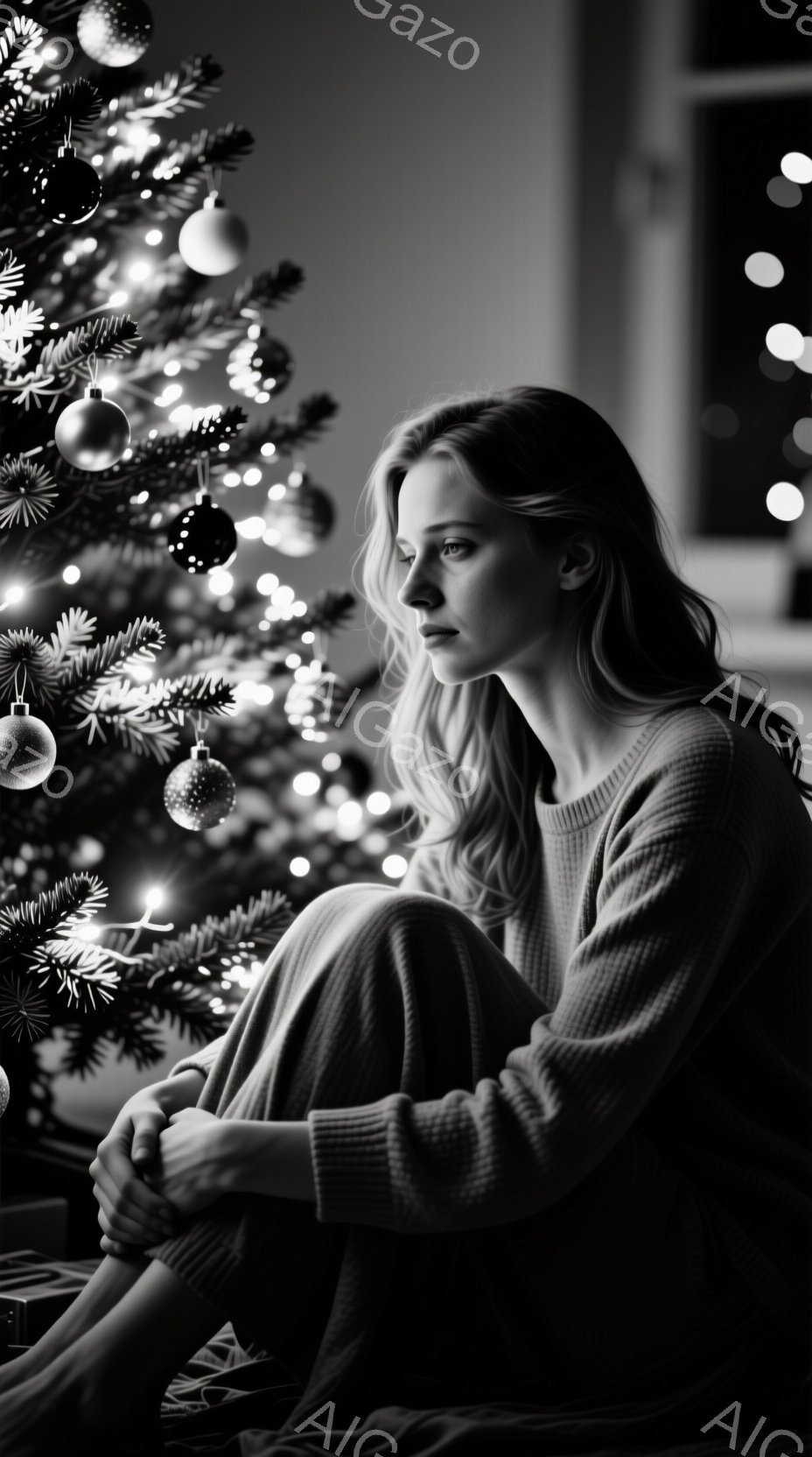 長いブロンドの髪をした女性が、クリスマスツリーの前で正座している。彼女はグレーのセーターを着ており、憂いを帯びた表情で遠くを見つめている。背景にはぼやけたクリスマスツリーと光のぼかしがあり、全体的に物 - AI生成フリー素材