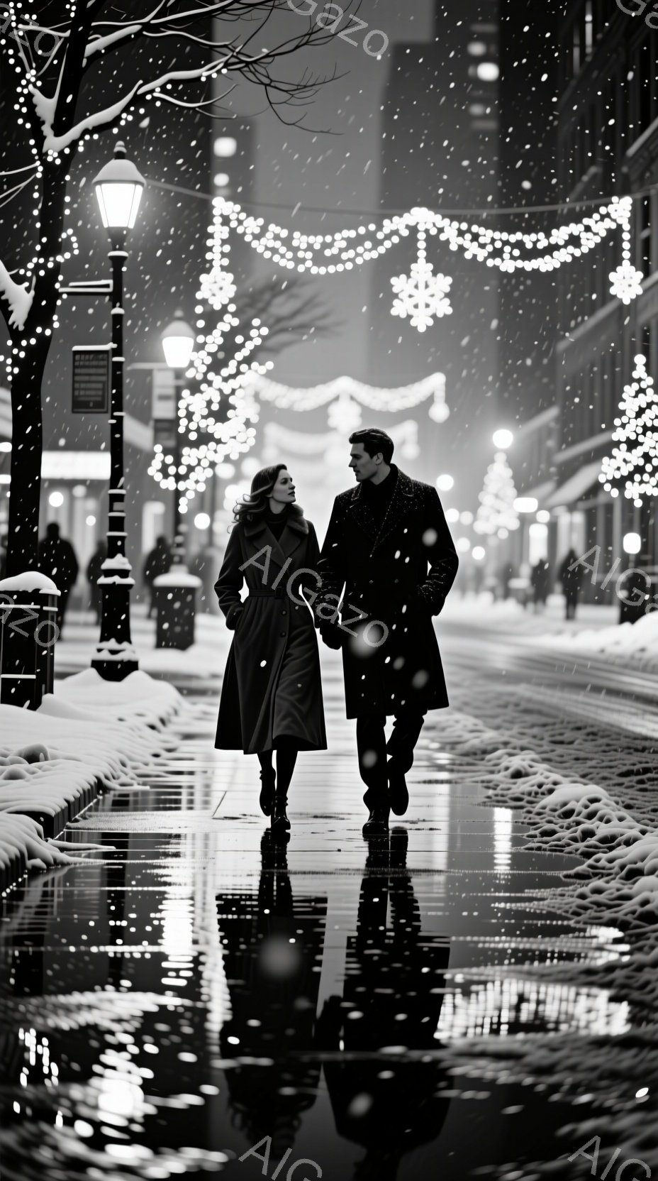 雪が舞う夜の街並みを、黒いコートを着た男女が寄り添いながら歩いている。女性はストレートの長い髪で、男性は整った髪型で、共に前を見据え、楽しそうな雰囲気を醸し出している。背景には、クリスマスイルミネーシ - AI生成フリー素材