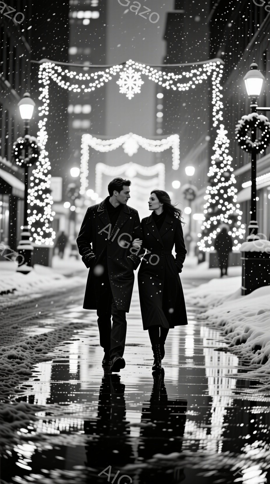 雪が舞う夜の街並みを、コートを着た男女が並んで歩いている。男性はダークカラーのスーツで、女性は黒いロングコートを羽織り、少し下を向いて微笑んでいるように見える。背景には、輝くイルミネーションが飾られた - AI生成フリー素材