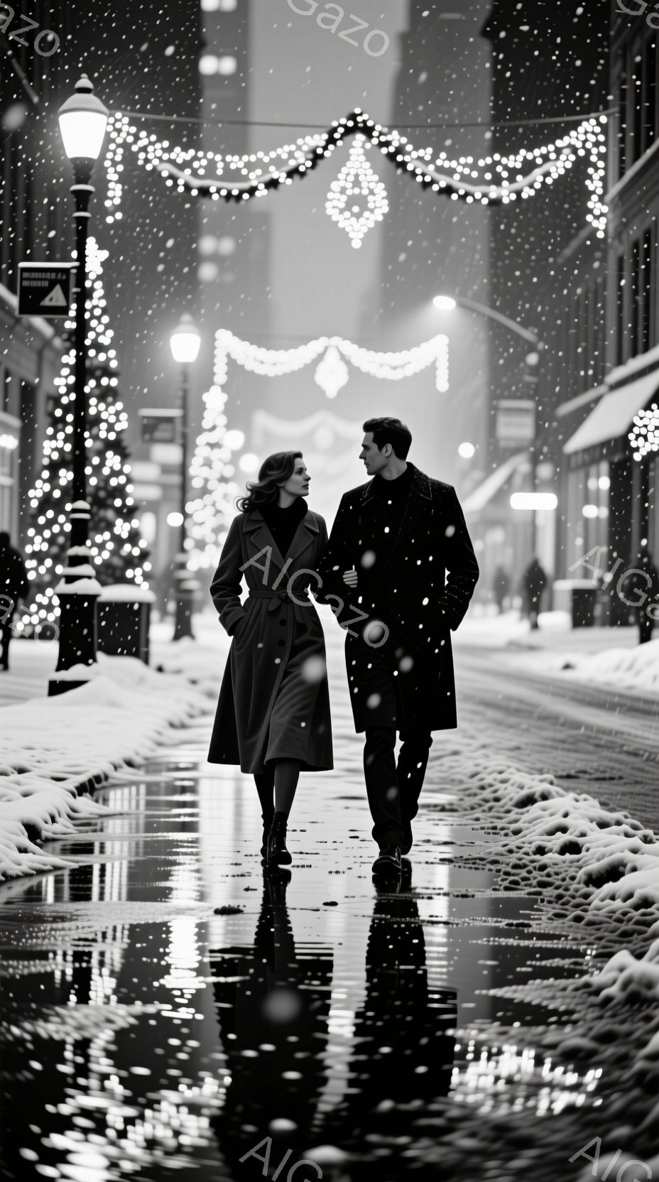 雪が降る夜の街を、コートを着た男女が並んで歩いている。女性は黒いロングコートとブーツを履き、髪は後ろでまとめており、男性はダークカラーのコートとパンツを着用し、少しうつむき加減で歩いている。背景には、クリスマスイルミネーションが飾られた建物と、濡れた路面が反射する光があり、ロマンチックで静謐な雰囲気を醸し出している。