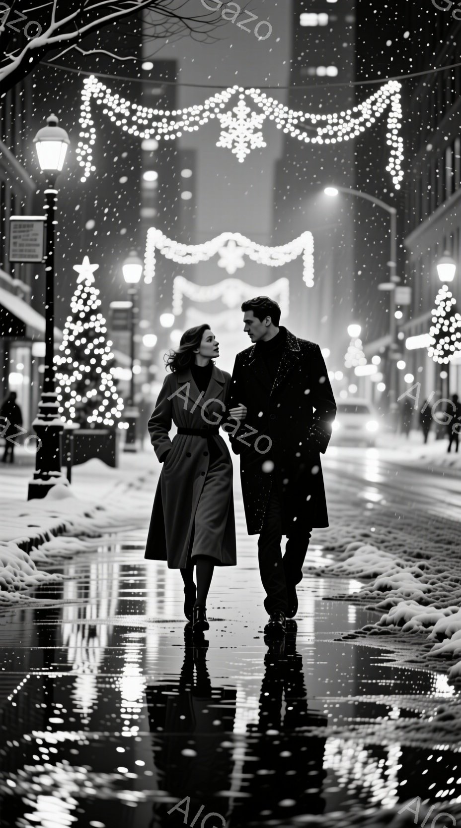 街路は雪に覆われ、イルミネーションが輝く冬の夜の様子が描かれています。一対のカップルが手をつないで歩いており、女性は膝丈のダークカラーコートを着ており、男性はダークスーツを着ています。背景にはクリスマ - AI生成フリー素材