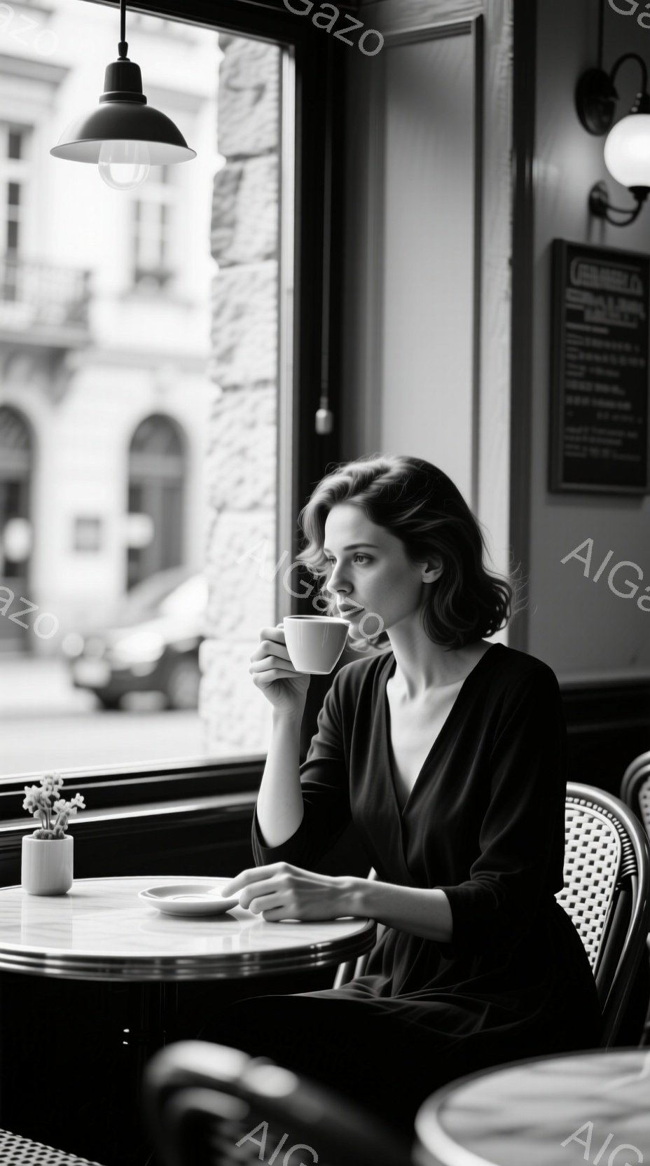 黒いワンピースを着た女性がカフェの窓際の席でコーヒーを飲んでいます。彼女は髪を後ろでまとめ、少し物憂げな表情で外を眺めており、優雅で落ち着いた雰囲気を醸し出しています。背景には石造りの建物が見え、カフェの落ち着いた内装と相まって、クラシカルで洗練された雰囲気を演出しています。