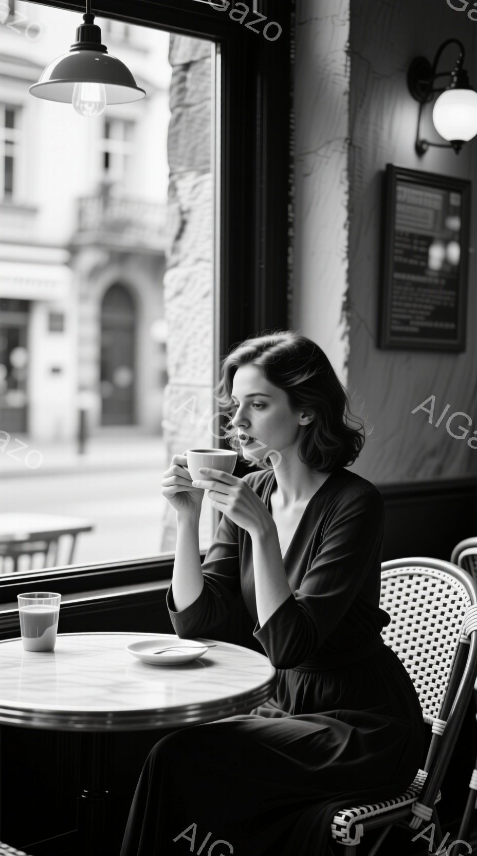 黒いワンピースを着た女性がカフェの窓際の席でコーヒーを手にしている。彼女は少し物憂げな表情で外を眺めており、横に置かれたグラスには何らかの飲み物が半分ほど入っている。背景にはぼんやりとした街並みが広が - AI生成フリー素材