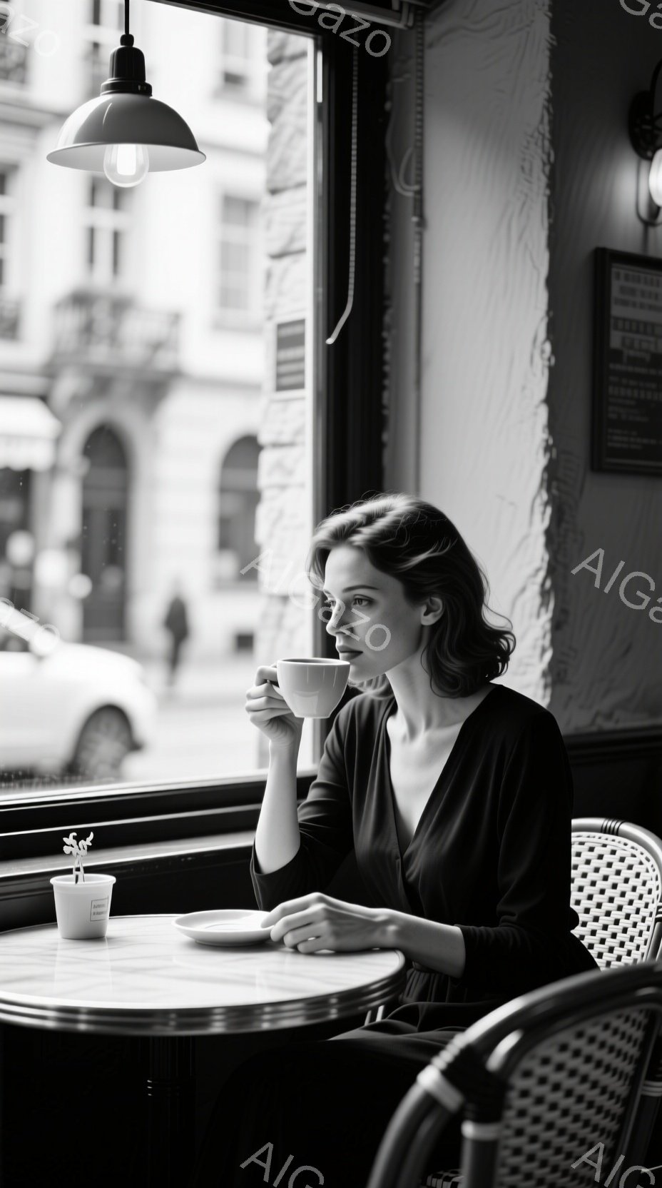 窓際の席に座る女性は、黒いシンプルなドレスを着ており、髪は後ろでまとめてエレガントな印象を与えています。彼女はカップを手に持ち、何かに考え込んでいるような、少し物憂げな表情をしています。背景には、ぼや - AI生成フリー素材