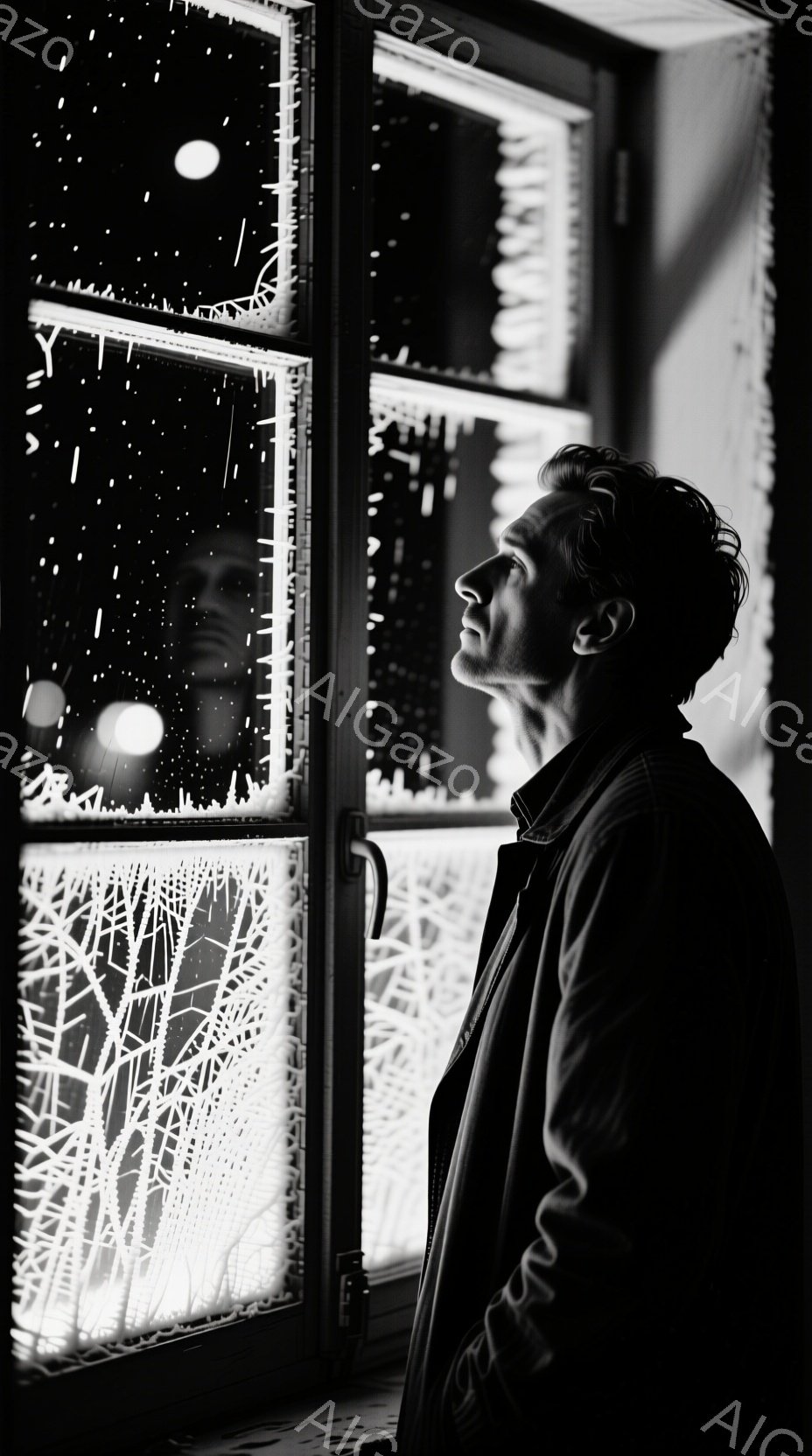 窓辺に立つ男性は、黒いジャケットを着ており、少し無造作にセットされた暗い髪が特徴的です。彼は顔を上げ、何かを強く見つめるような表情をしています。背景には、夜の街並みと思わしき光の粒子が降り積もる様子が描かれており、全体的に物憂げで内省的な雰囲気を醸し出しています。