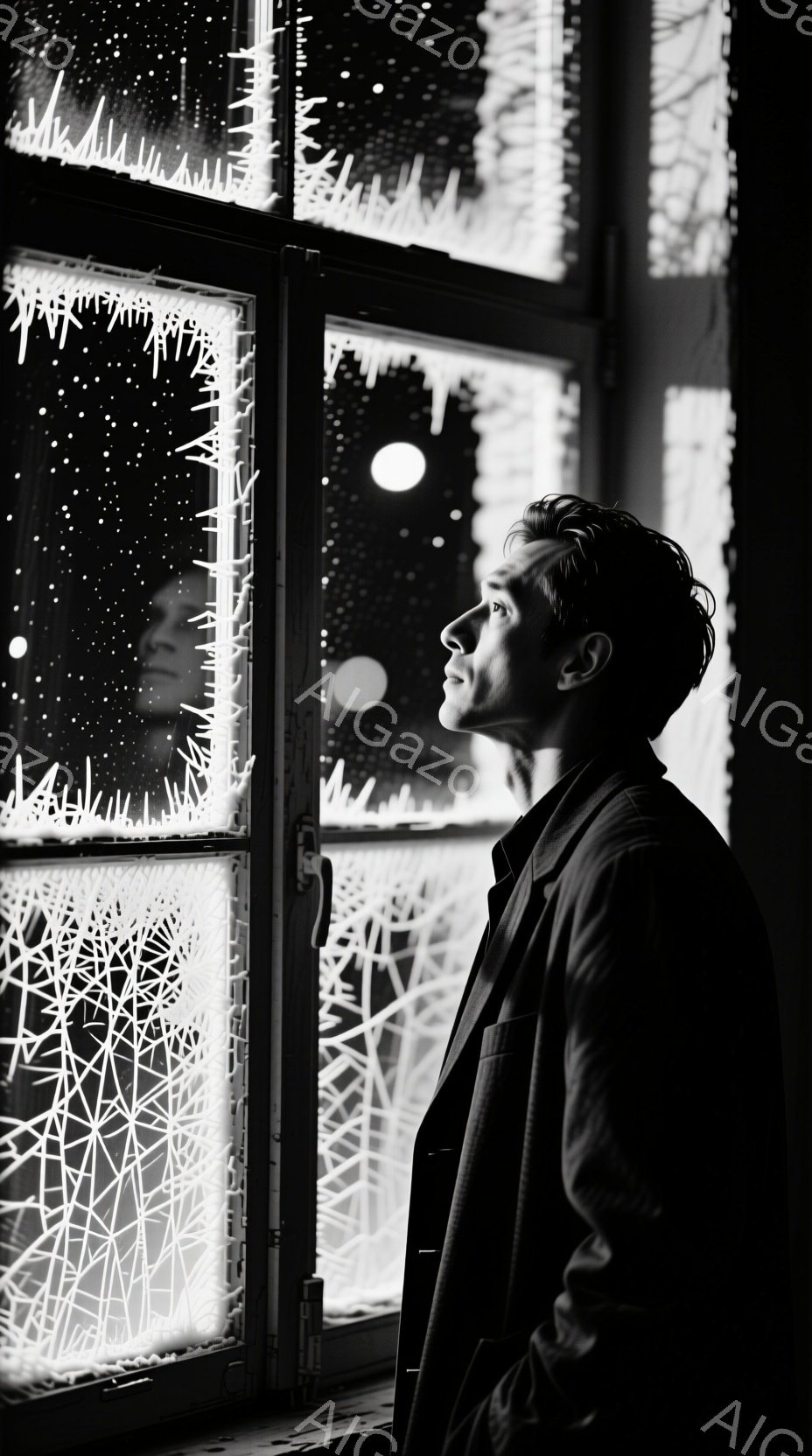 男はダークトーンのジャケットを着ており、短くウェーブのかかった髪型をしている。彼は窓の外を見つめ、横顔は憂いを帯びた表情を浮かべている。背景の窓には複雑な模様が施されており、まるで雪の結晶のように見える。