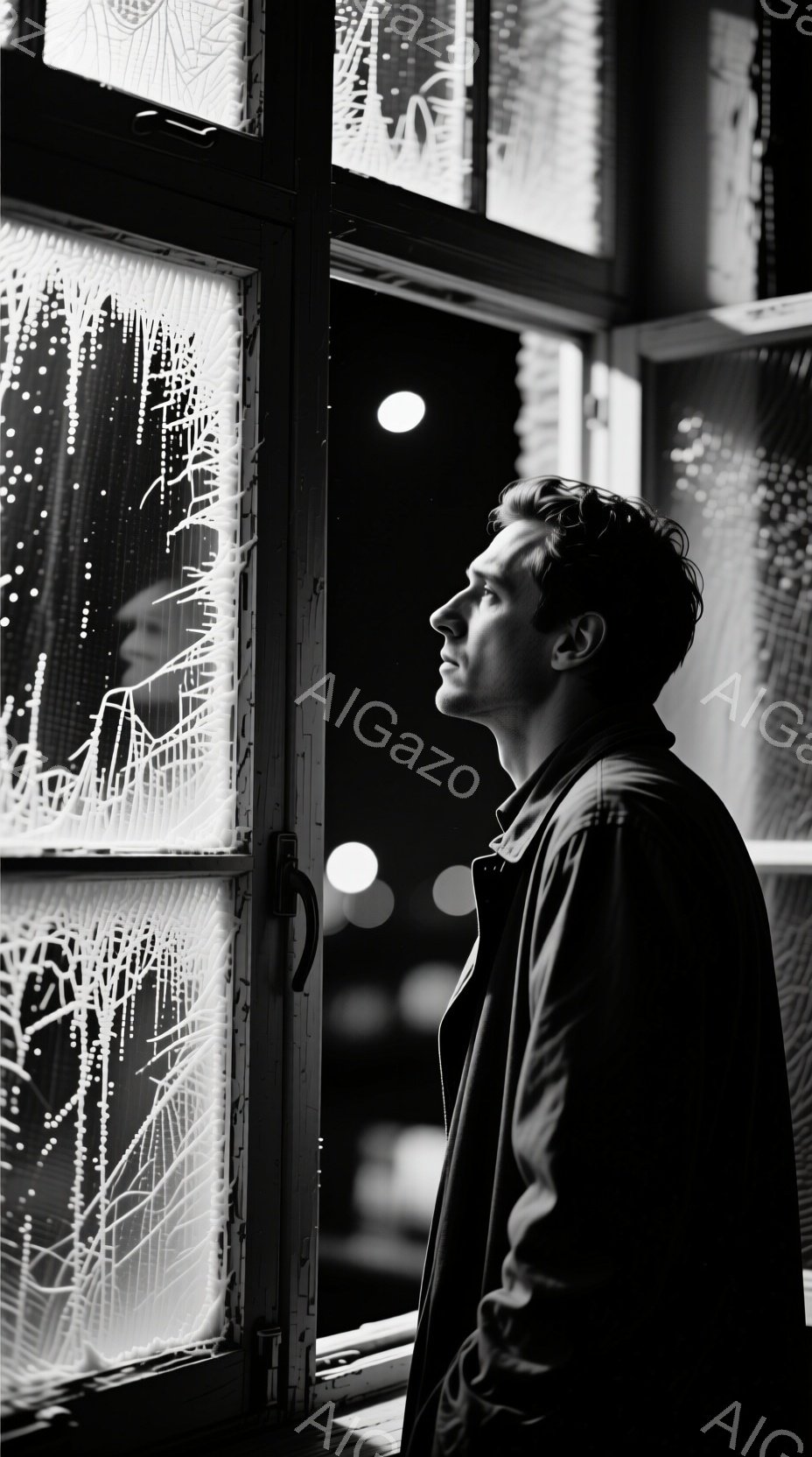 白黒写真には、窓から外を見つめる男性が写っている。彼は黒いジャケットを着ており、短くウェーブのかかった髪をしている。彼の表情は物思いにふけっており、どこか遠くを見つめているような印象を受ける。