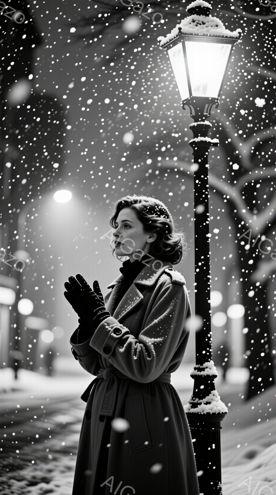 雪が降る夜の街並みを背景に、コートを着た女性が立っている。彼女は黒い手袋をはめ、両手を前に重ねて何かを見つめているような姿勢だ。雪が積もった街灯とぼやけた背景が、静かで少し物憂い雰囲気を醸し出している。