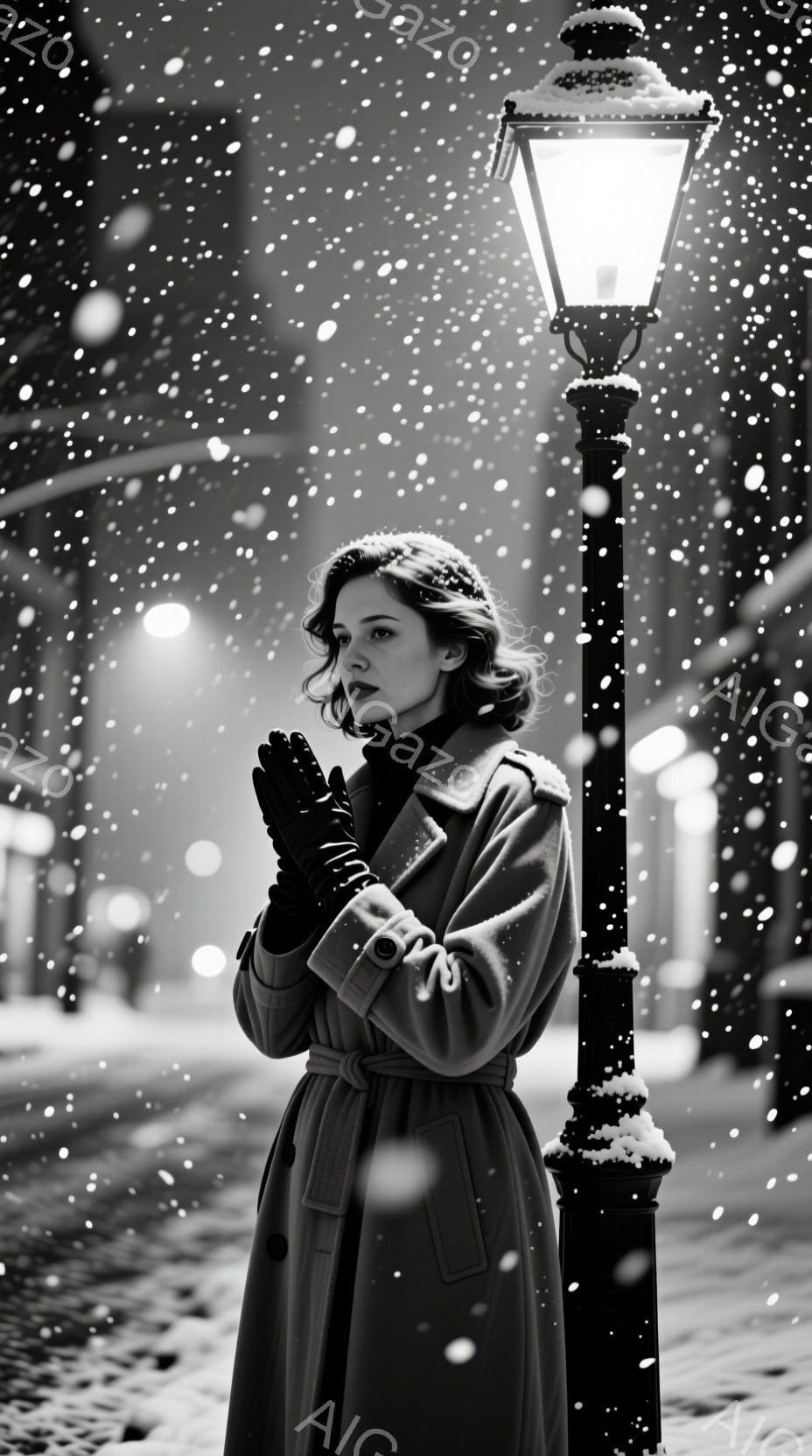 雪が降る夜の街並みで、女性が黒いコートを着て立っている。彼女は手を組んで暖を取っているようで、少し寂しげな表情をしている。背景には雪で覆われた建物と、雪が積もった街灯が見え、全体的に静かで物憂げな雰囲 - AI生成フリー素材