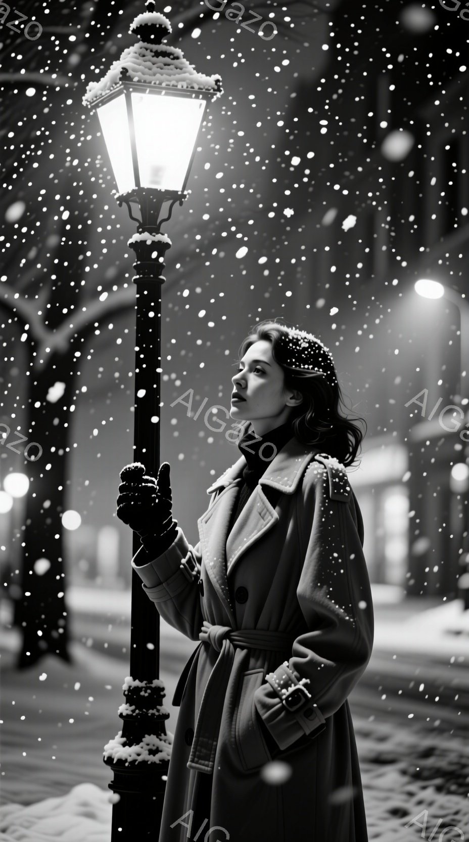雪が降る中、女性が街灯のそばに立っている。彼女はベージュ色のコートを着ており、髪は肩にかかる長さで、顔にはわずかな微笑みが浮かんでいる。背景にはぼやけた街並みが広がり、全体的に穏やかで幻想的な雰囲気が漂っている。