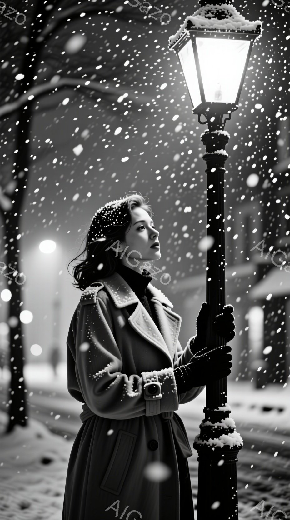 雪が降り積もる夜、女性が街灯の柱に寄りかかっている。彼女はダークカラーのコートと手袋を身につけ、カールした髪は肩にかかっている。その表情はどこか憂いを帯びており、雪景色と相まって、静かで物憂げな雰囲気 - AI生成フリー素材