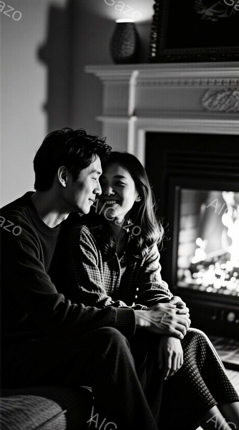 暖炉の前で寄り添う若いカップルが写っている。男性はダークカラーのセーターを着ており、女性はチェック柄のシャツを着ている。二人は互いに微笑み合い、リラックスした、温かい雰囲気が漂っている。 - AI生成フリー素材