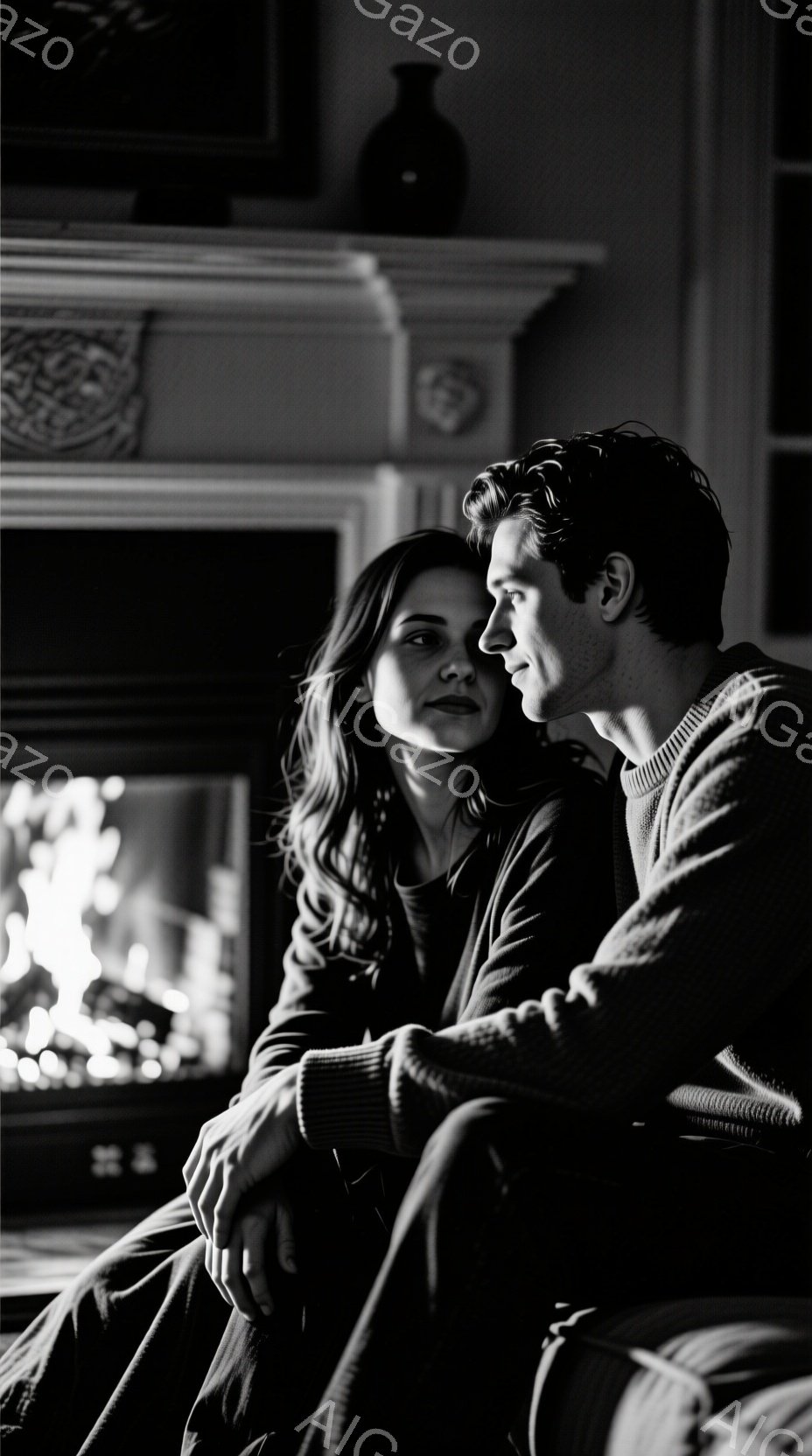 暖炉の前で寄り添う男女が写っている。女性はダークトーンのセーターを着て、緩やかなウェーブのかかった長い髪をしている。男性はテクスチャのあるセーターを着て、リラックスした表情で女性を見つめ、親密な雰囲気 - AI生成フリー素材