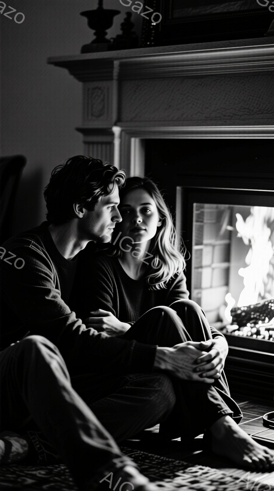 暖炉の前に座っている若い男女が写っています。男性は暗色のセーターを着ており、女性は黒い服を着て、膝を抱えています。二人は互いに寄り添い、リラックスした雰囲気で、暖炉の炎が背景を照らし、温かく落ち着いた - AI生成フリー素材