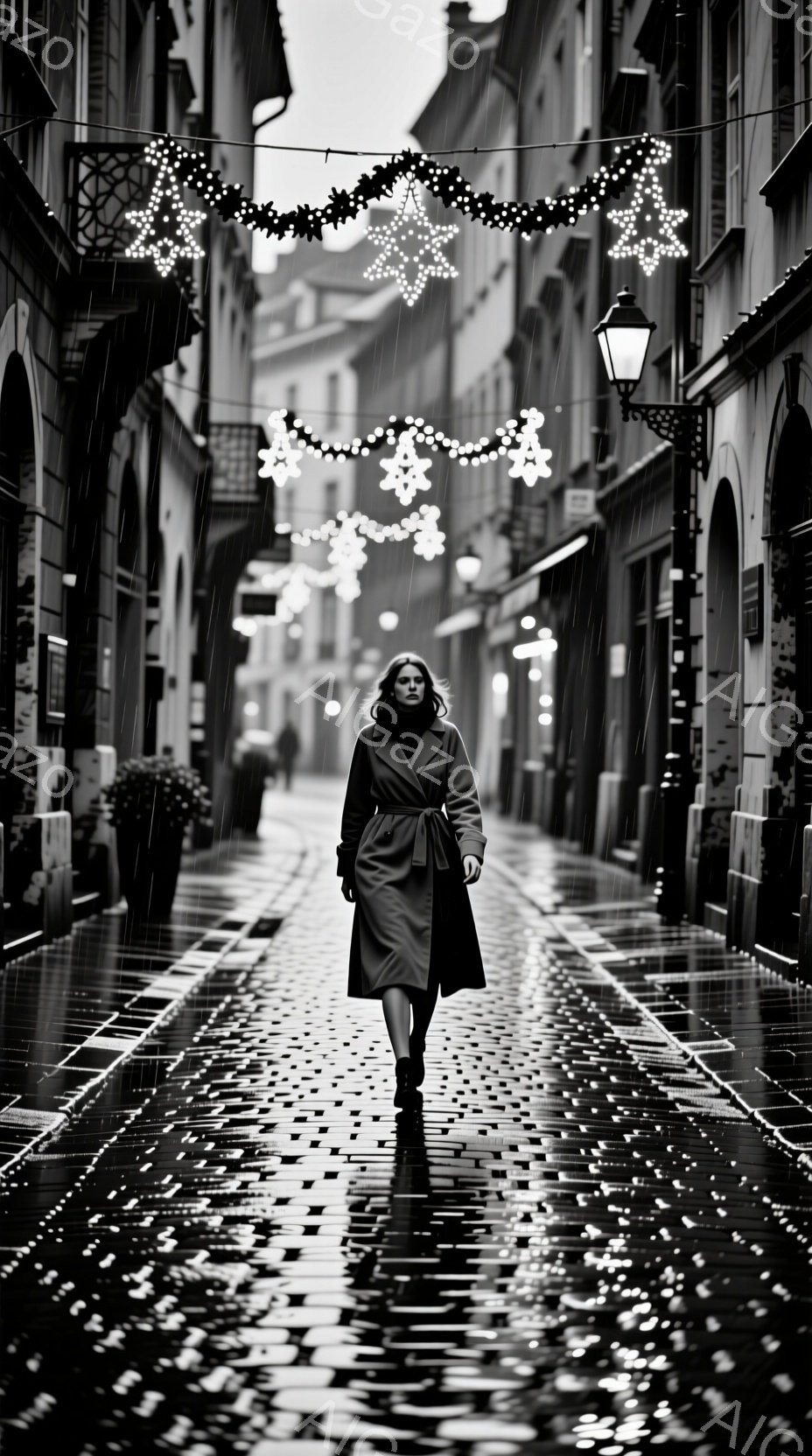 長いコートを着た女性が、雨に濡れた石畳の通りを歩いている。彼女は髪を後ろでまとめ、少し下を向いているため、表情ははっきりと見えないが、物憂げな雰囲気が漂う。背景には古風な建物が立ち並び、イルミネーショ - AI生成フリー素材
