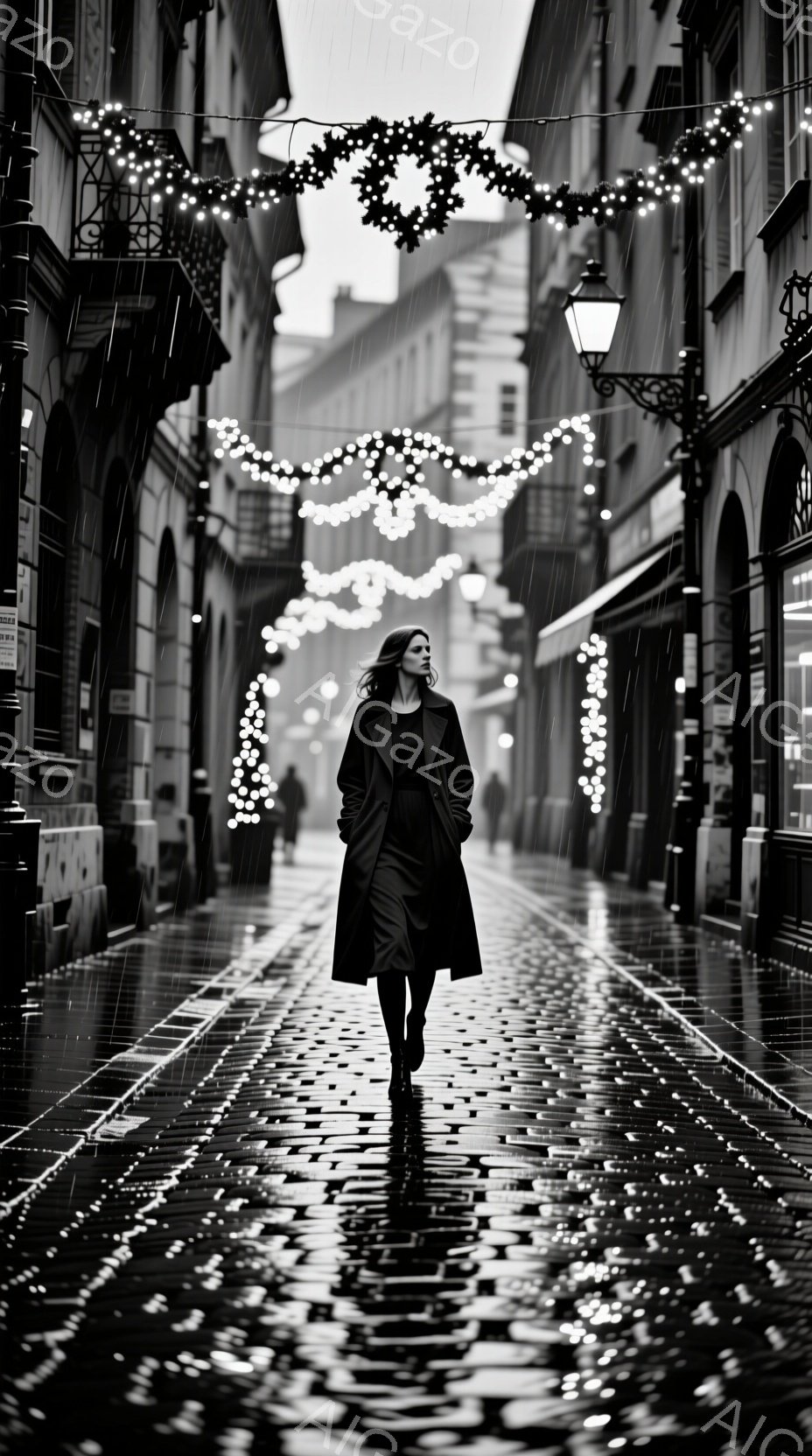 長い黒いコートを着た女性が、雨の石畳の通りを歩いている。彼女は前を見据え、やや憂いを帯びた表情で、雨に濡れた道を歩んでいる。背景には、装飾的な電飾が通り全体を横切り、歴史的な建物が並び、全体的に物憂げでノスタルジックな雰囲気を醸し出している。