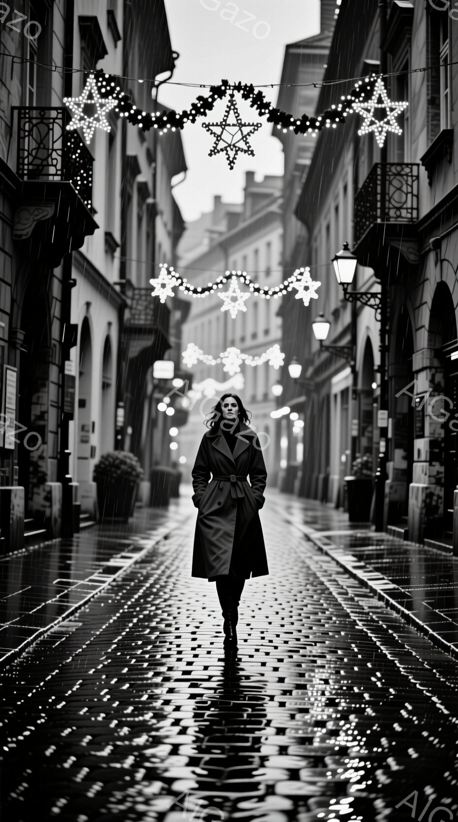 長い黒いコートを着た女性が、雨の降る石畳の通りを正面から見て歩いている。彼女は髪を後ろでまとめ、表情は真剣で、どこか憂いを帯びているように見える。背景には歴史的な建物が並び、イルミネーションの星が雨に濡れてぼんやりと光っており、全体的に陰鬱でメランコリックな雰囲気が漂っている。