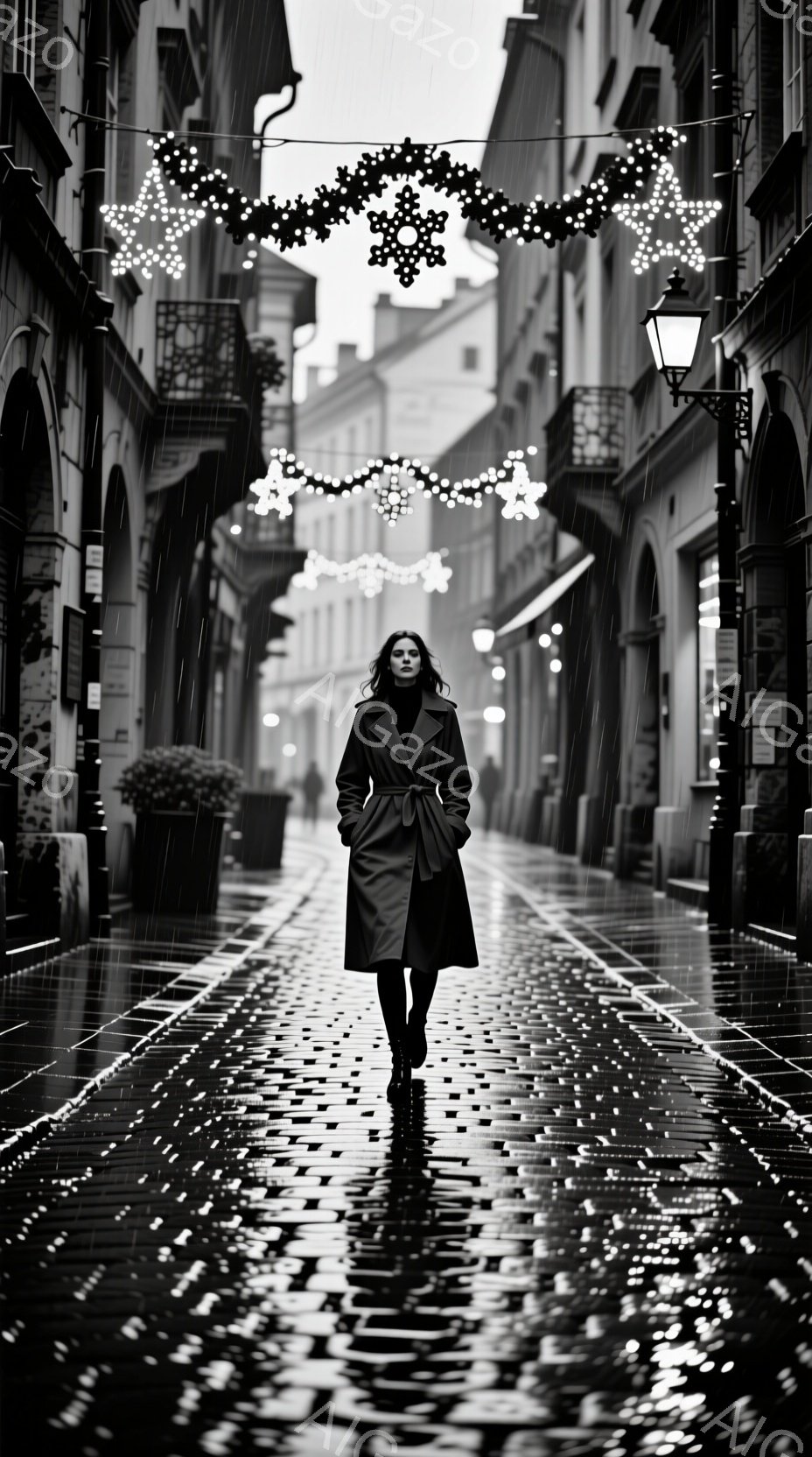雨の降る石畳の通りを、黒いロングコートを着た女性が歩いている。彼女は前を見据え、少し憂いを帯びた表情で、ストレートの黒髪が肩にかかっている。背景には歴史的な建物が並び、上には光る装飾が施され、雨に濡れ - AI生成フリー素材
