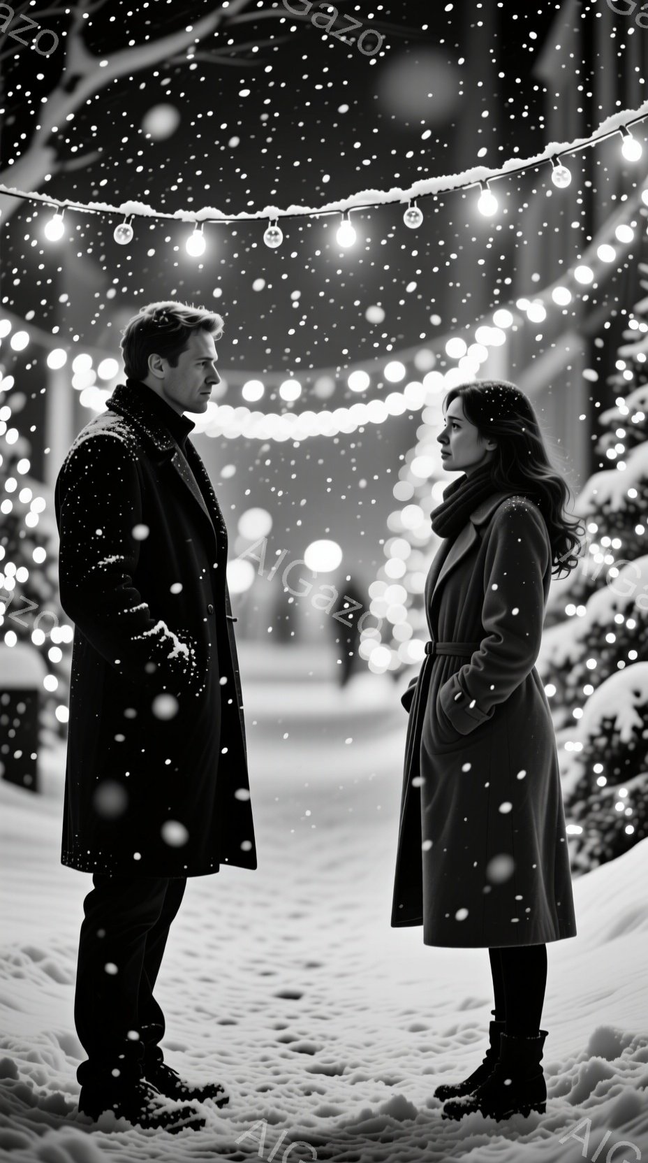 雪が降る夜、若い男女が並んで立っている。男性は黒いコートを着ており、女性は濃いピンク色のロングコートを羽織り、髪はゆるく巻かれている。背景にはぼんやりと木々が見え、頭上には温かい光を放つ電飾が輝き、ロ - AI生成フリー素材