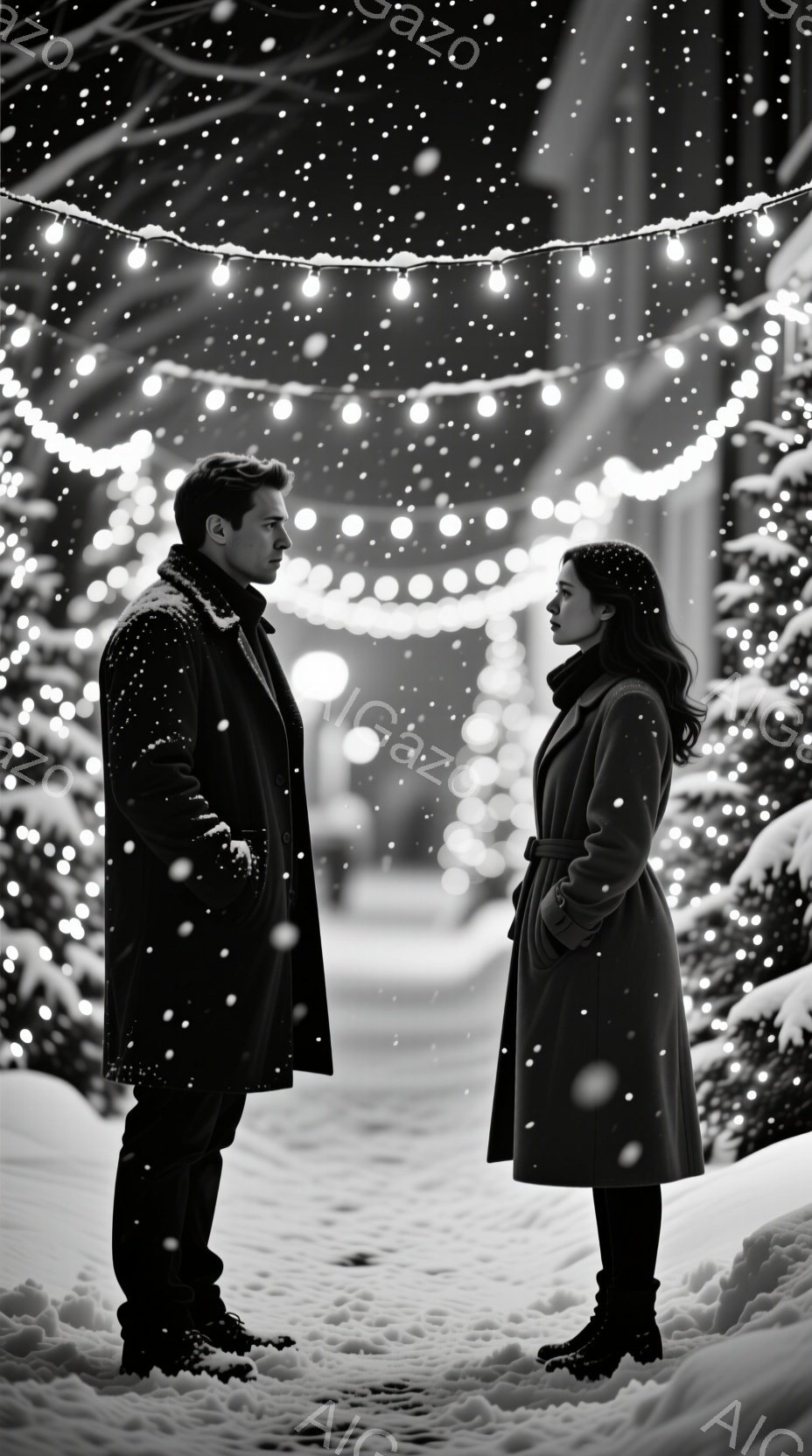 雪が舞う中、男女が向き合って立っている。男性は黒いコートを着ており、女性は濃いグレーのコートに黒いブーツを履いている。背景には光るイルミネーションと雪に覆われた木々が見え、ロマンチックで静かな冬の雰囲 - AI生成フリー素材