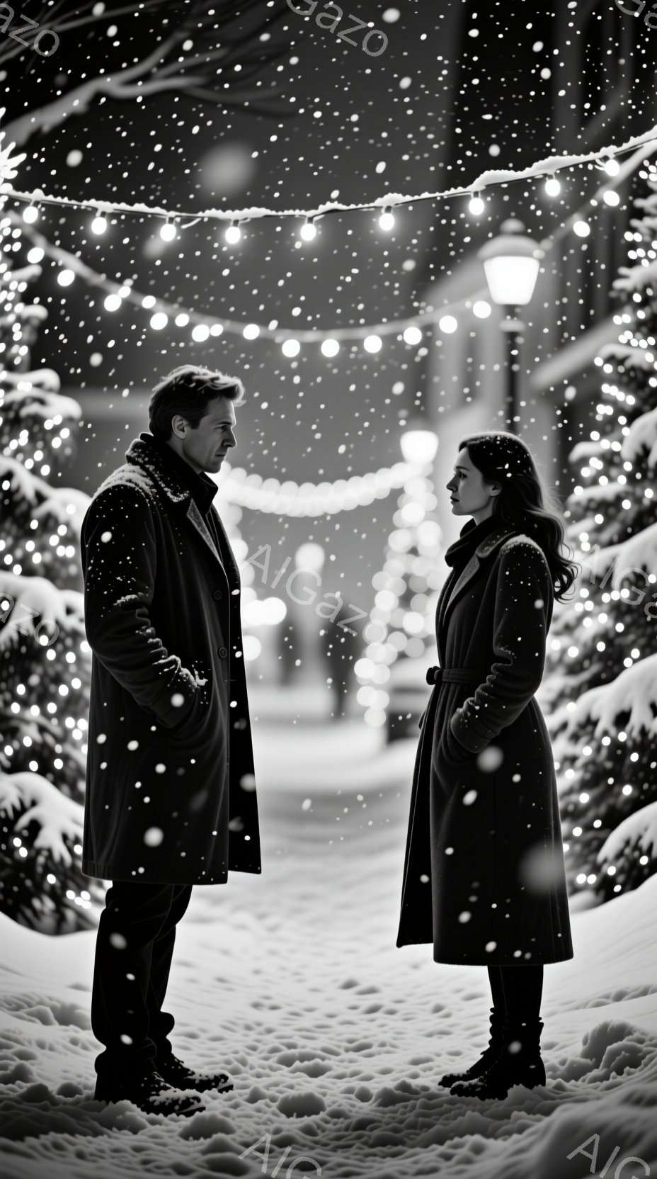 雪が降る夜、コートを着た男女が向かい合って立っている。男性は黒いコートと濃い髪で、少し憂いを帯びた表情をしている。女性は黒いロングコートを着て、後ろで髪を結んでいるが、表情はやや硬く、不安げな様子がうかがえる。