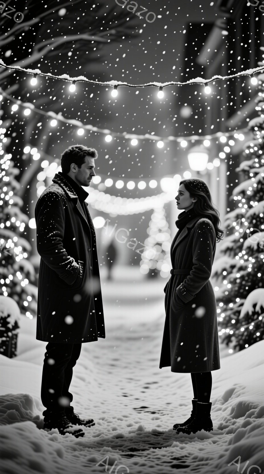 雪が降る夜の公園で、一対の男女が向かい合って立っている。男性は黒のコートに黒い靴を履き、少し無表情で女性を見つめている。女性は同様に黒のコートを着用し、やや憂鬱そうな表情で男性を見つめ返している、背景にはクリスマスイルミネーションが輝き、雪景色が広がり、静かで物憂げな雰囲気を醸し出している。