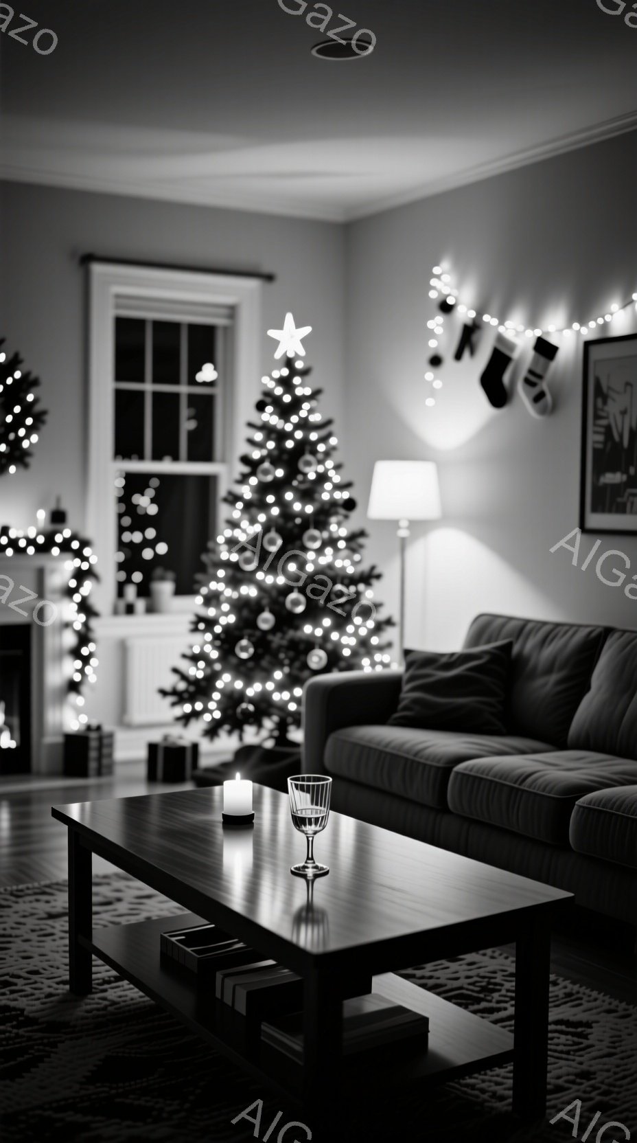 室内にはクリスマスツリーが飾られ、暖炉とプレゼントボックスが並んでいます。ローテーブルの上にはグラスと本が置かれ、部屋全体が温かく穏やかな雰囲気で照らされています。壁にはクリスマスリースが飾られ、窓の - AI生成フリー素材