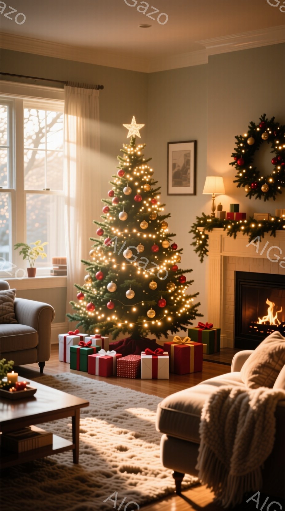 暖炉とクリスマスツリーが印象的なリビングルームの写真です。緑豊かなクリスマスツリーはオーナメントと電飾で飾られ、足元には様々なラッピングされたプレゼントが置かれています。暖炉の上にはクリスマスリースが飾られ、部屋全体が温かく、落ち着いた雰囲気を醸し出しています。