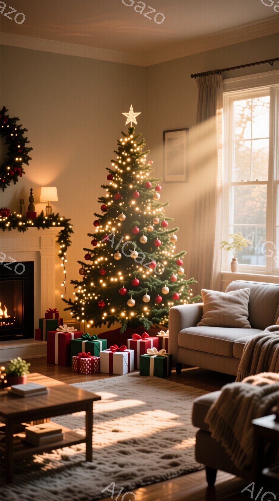 暖炉のそばに飾られたクリスマスツリーが、部屋全体を温かい光で満たしています。プレゼントがツリーの根元に積み上げられ、暖炉の上には緑のガーランドが飾られています。窓から差し込む光が、居心地の良い、穏やかなクリスマスの雰囲気を醸し出しています。