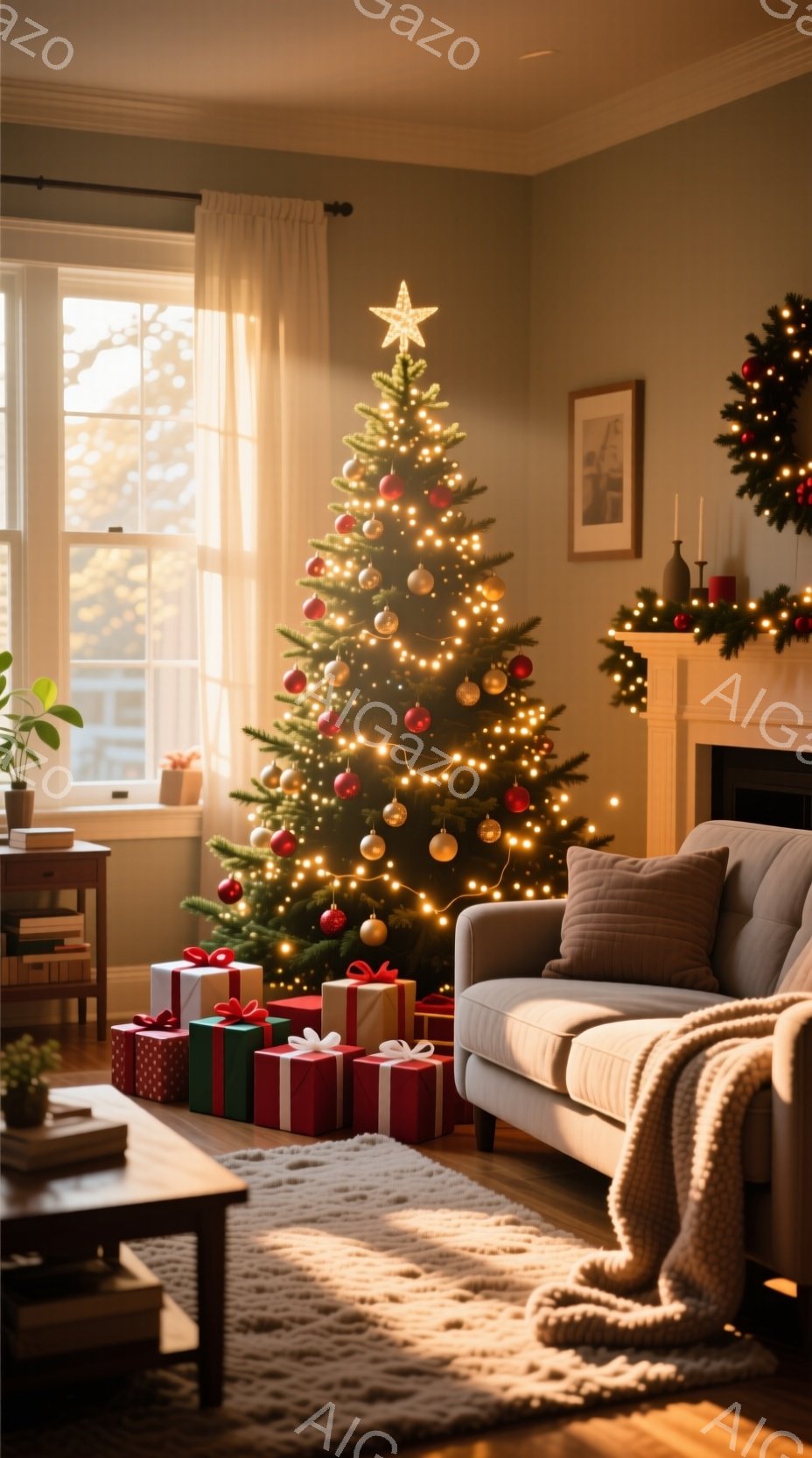 部屋の中央には、飾り付けられたクリスマスツリーが堂々と立っており、足元には色とりどりのプレゼントが積み重ねられています。窓からは柔らかな光が差し込み、暖炉の上のクリスマスリースや装飾と相まって、温かく - AI生成フリー素材