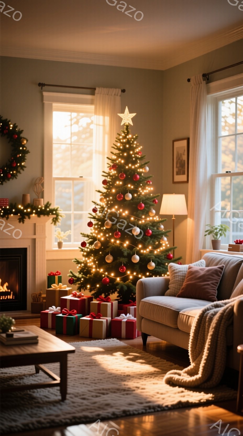 暖炉とクリスマスツリーのある居間が写っている。ツリーは飾り付けられ、プレゼントが足元に積み重ねられている。窓から差し込む夕日の光が、部屋全体を温かいオレンジ色に染め、落ち着いたクリスマスの雰囲気を醸し - AI生成フリー素材
