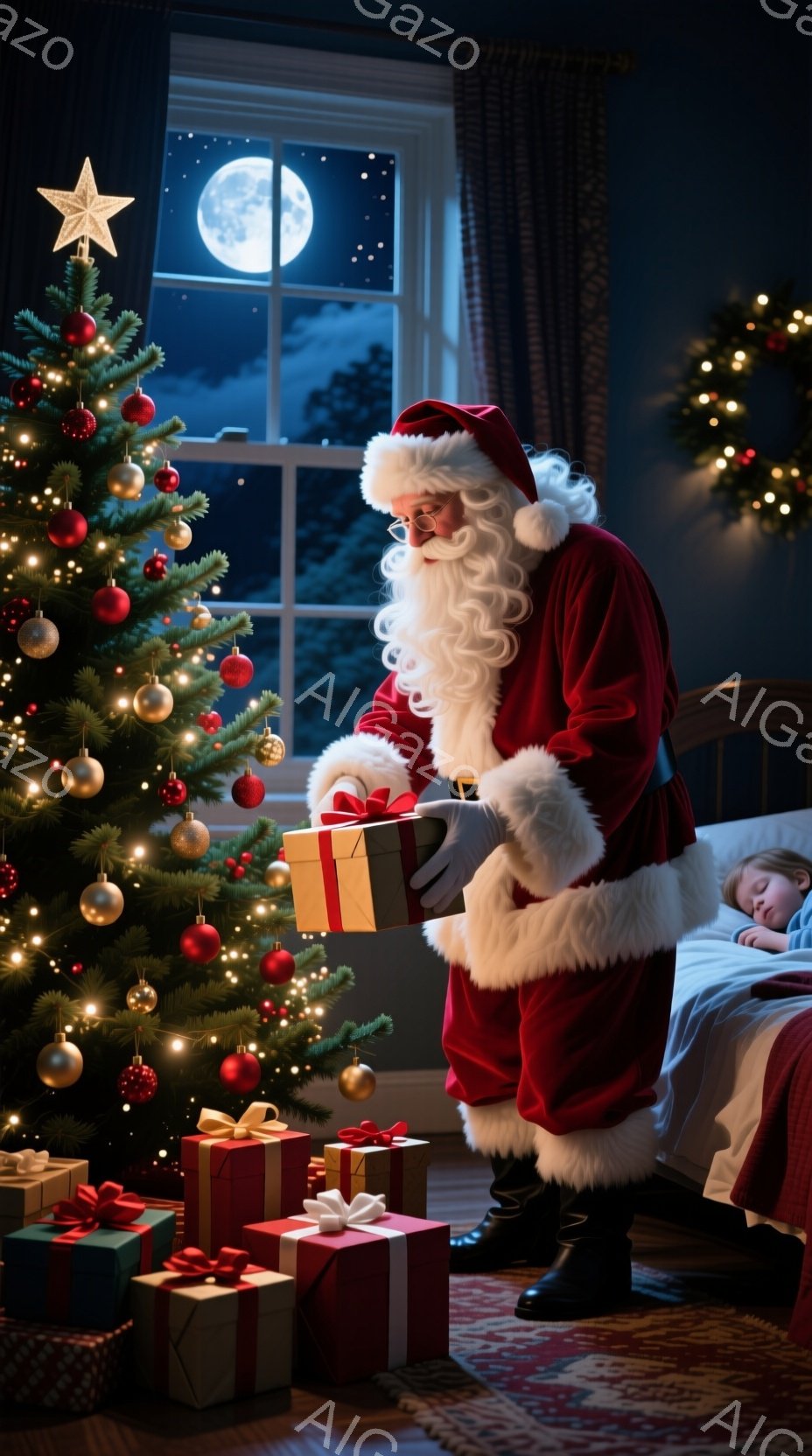 部屋の中では、サンタクロースがクリスマスツリーの下にプレゼントを置いているところです。彼は赤い服と帽子を身につけ、白いひげを生やしており、優しげな表情をしています。窓の外には満月が輝き、クリスマスの温 - AI生成フリー素材