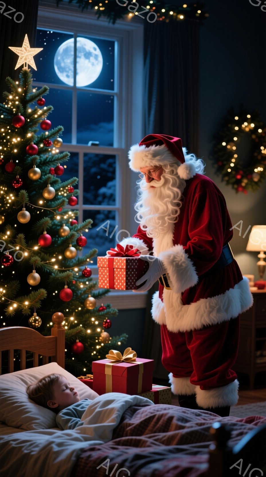 サンタクロースは赤い衣装と白いひげを生やし、プレゼントの箱を子供のベッドの近くに置こうとしています。背景には、飾り付けられたクリスマスツリーや窓の外に輝く満月が見え、暖かく幻想的な雰囲気が漂っています - AI生成フリー素材