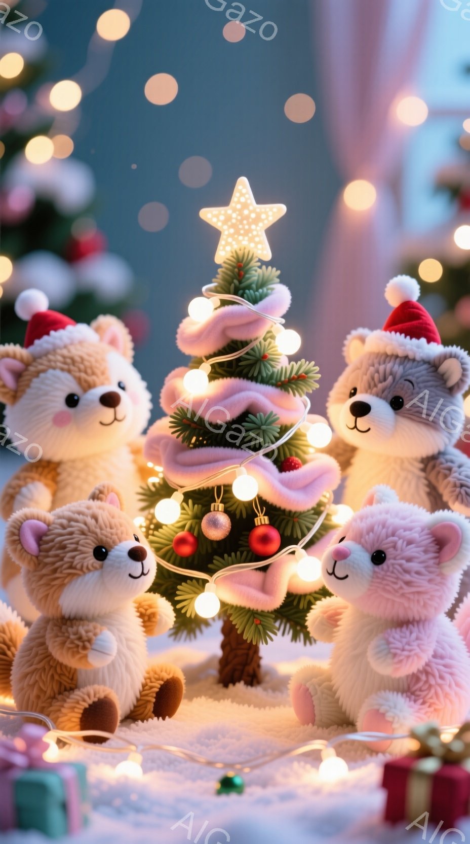 ぬいぐるみのような可愛らしいクマたちが、小さなクリスマスツリーを囲んでいます。クマたちはそれぞれ赤いサンタの帽子を被り、笑顔でツリーを見つめています。背景にはぼやけた光とプレゼントの箱があり、雪が降る - AI生成フリー素材