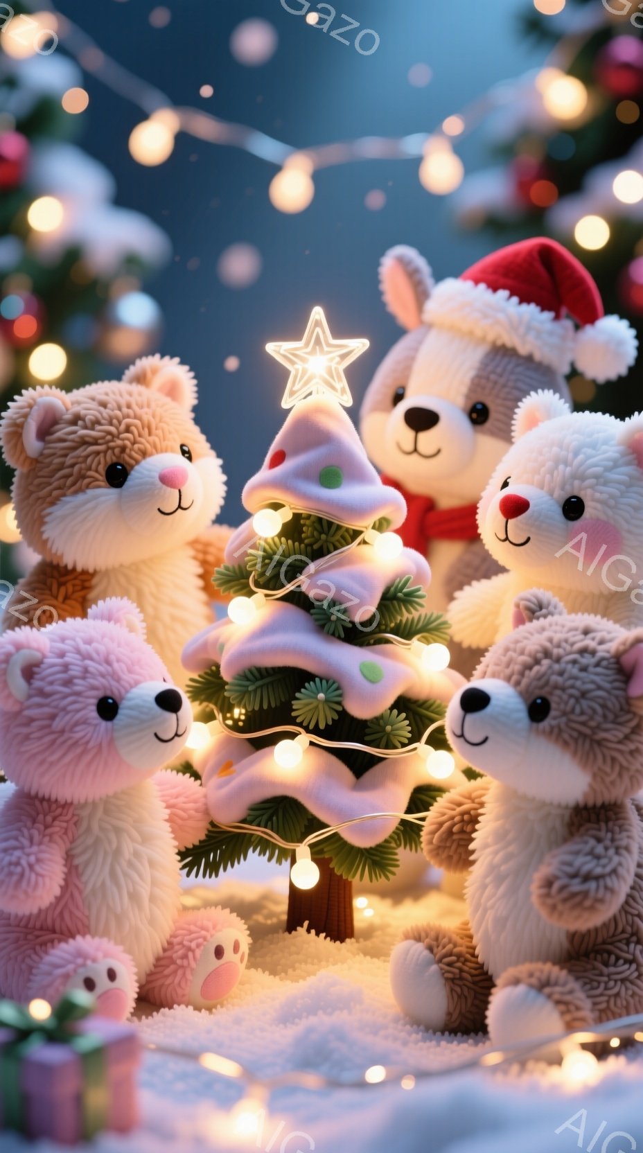 ふわふわのテディベアたちがクリスマスツリーの周りに集まり、プレゼントに囲まれています。白、ピンク、茶色と様々な色のベアたちは、それぞれ異なる表情で微笑み、赤いサンタ帽をかぶったベアもいます。背景にはキ - AI生成フリー素材